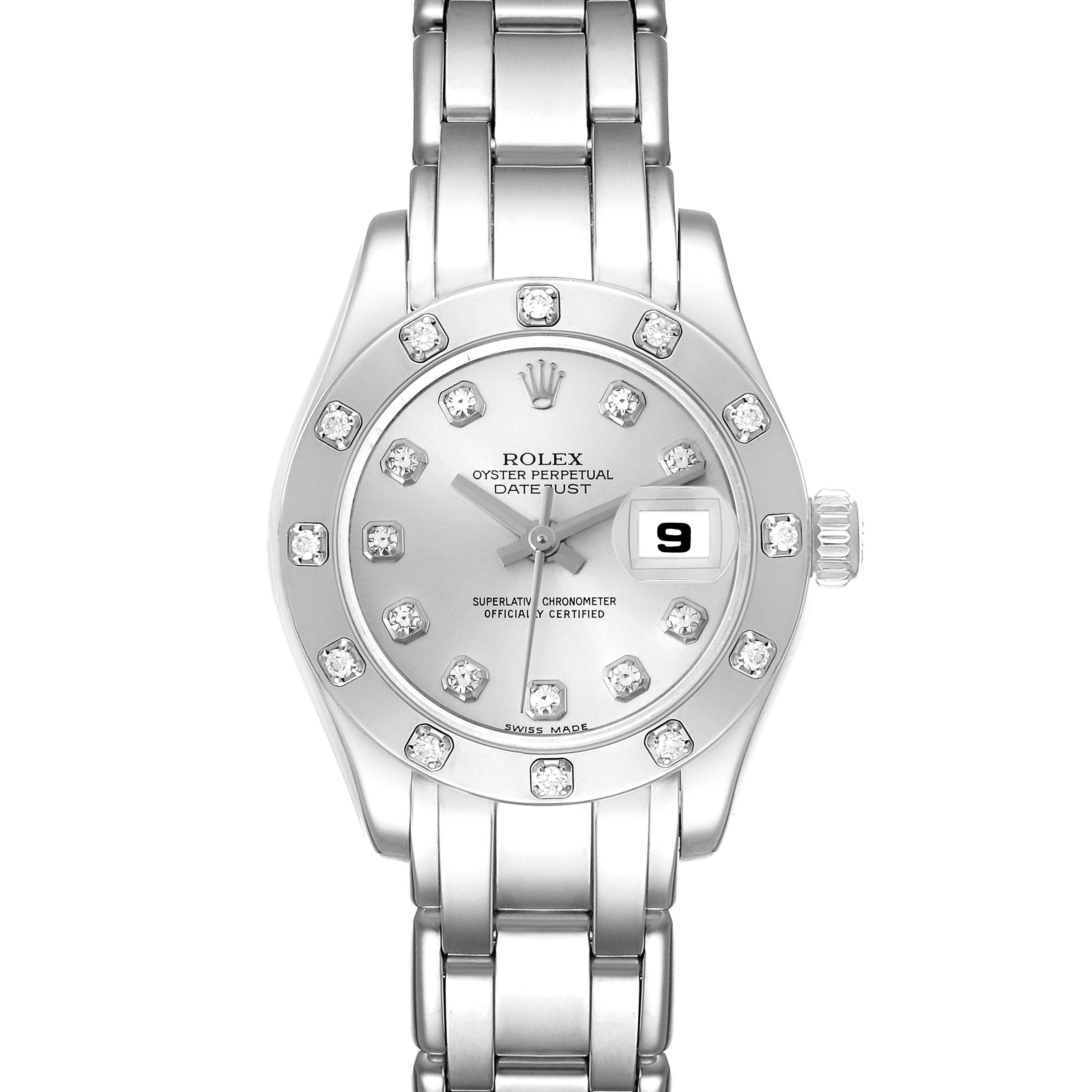 The Rolex Pearlmaster 80319 Women
s White Gold Silver Dial 80319 Women
s White Gold Silver Dial watch is shown from a front view displaying the full dial, fluted bezel, and bracelet.