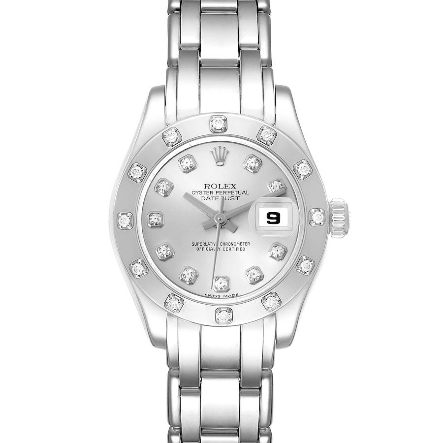 The Rolex Pearlmaster watch is shown from a front view displaying the full dial, fluted bezel, and bracelet.