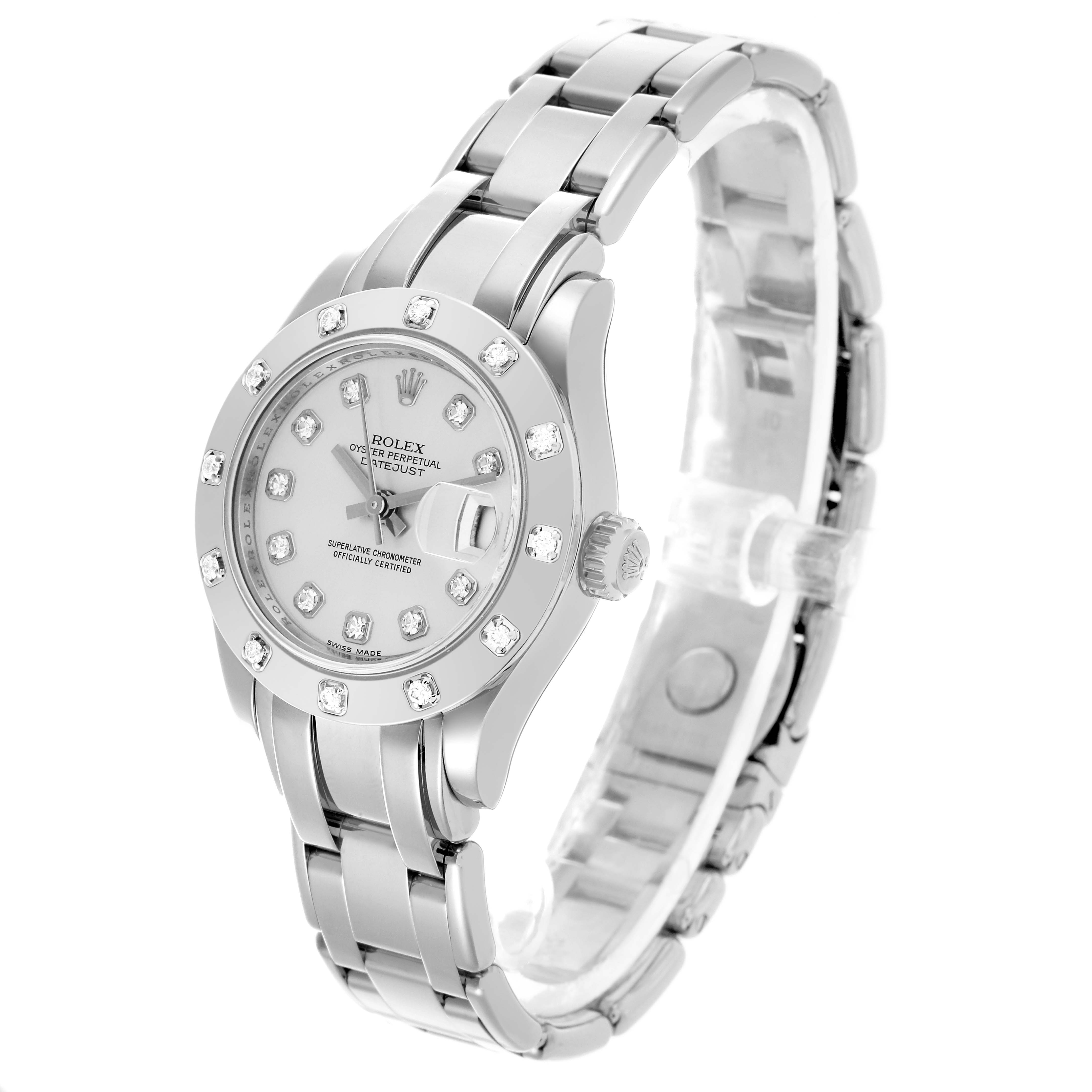 The Rolex Pearlmaster 80319 Women
s White Gold Silver Dial 80319 Women
s White Gold Silver Dial watch is shown at an angled profile, highlighting its dial, bezel with diamonds, and bracelet.