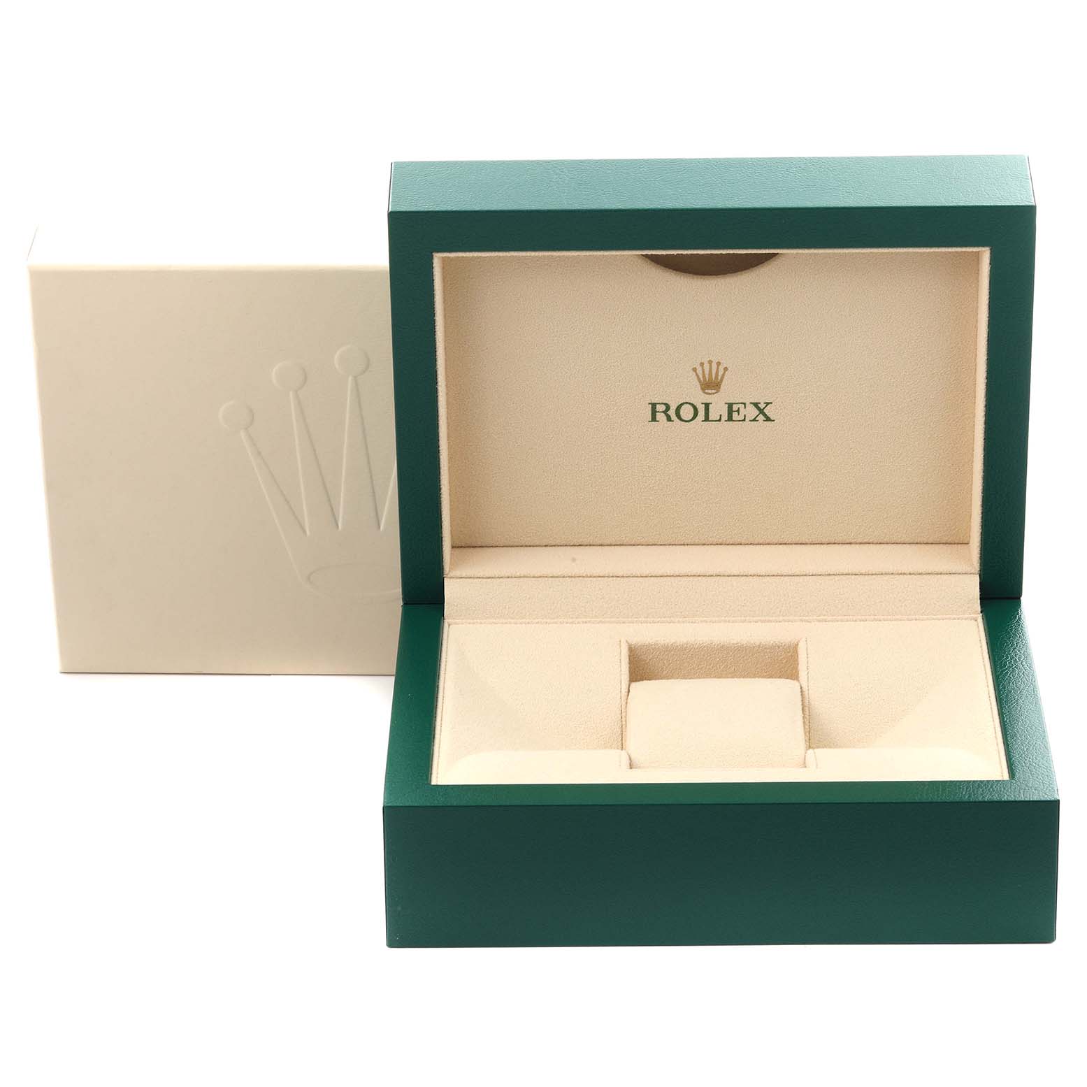 The image shows the Rolex watch box for the Pearlmaster model with an open top and compartments visible.