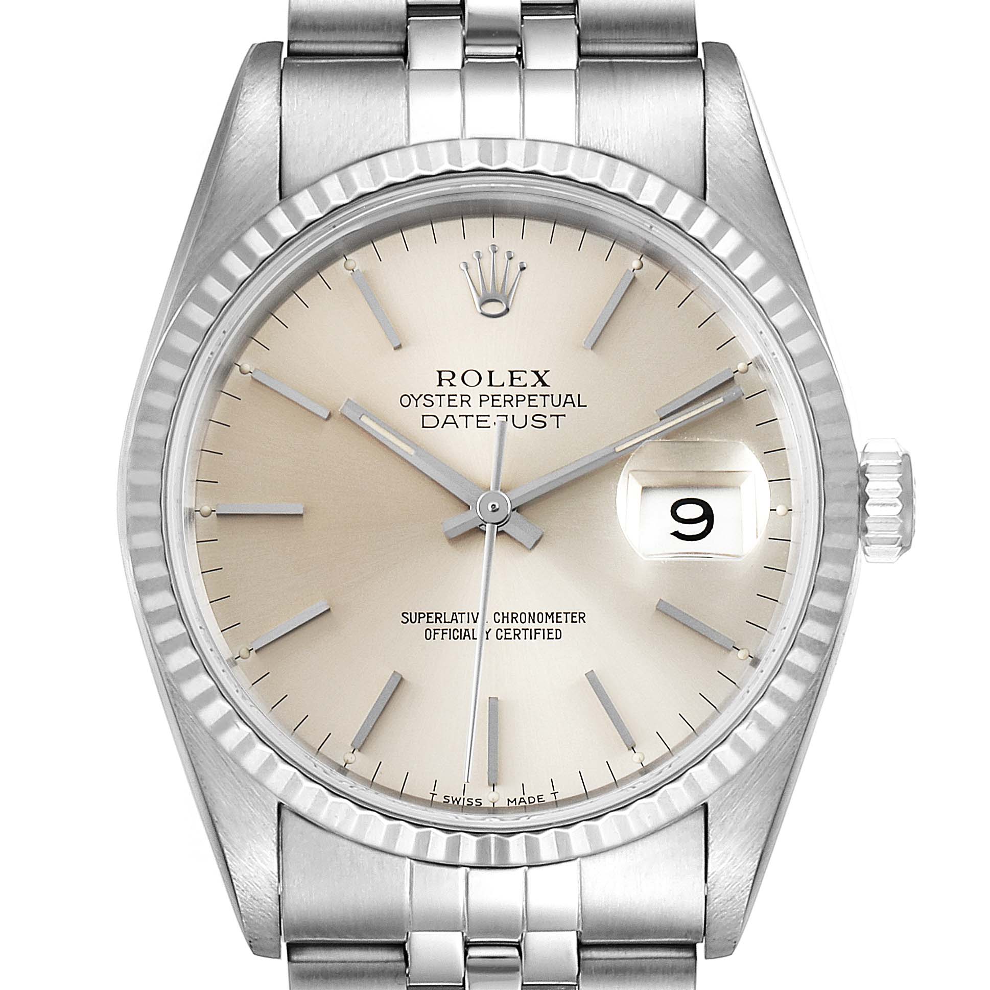 This image shows a frontal view of a Rolex Datejust 16234 Men's Stainless Steel Silver Dial 16234 Men's Stainless Steel Silver Dial watch, highlighting its dial, bezel, crown, and bracelet.