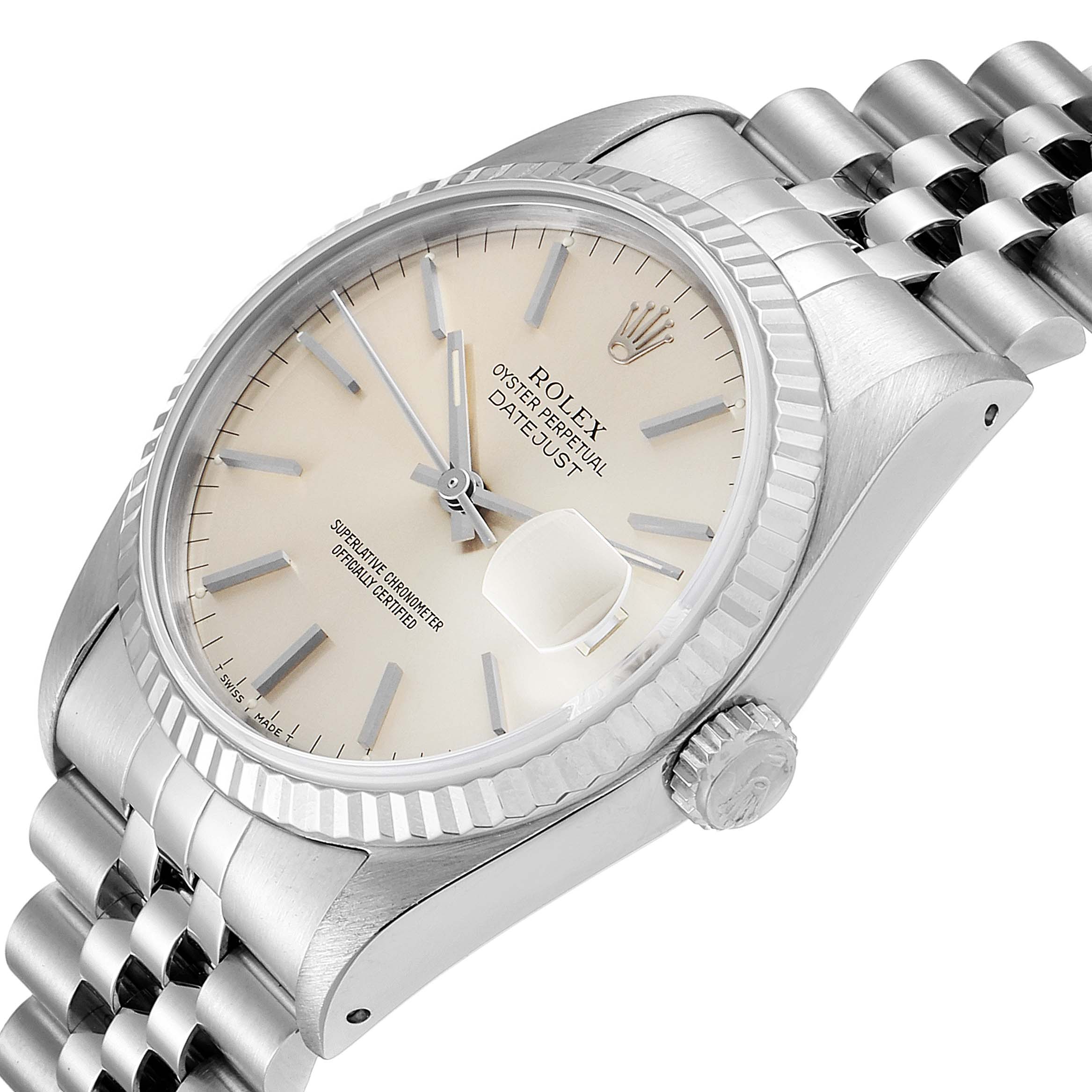 This image shows a close-up of the Rolex Datejust 16234 Men's Stainless Steel Silver Dial 16234 Men's Stainless Steel Silver Dial watch, focusing on the dial, bezel, case, crown, and part of the bracelet.