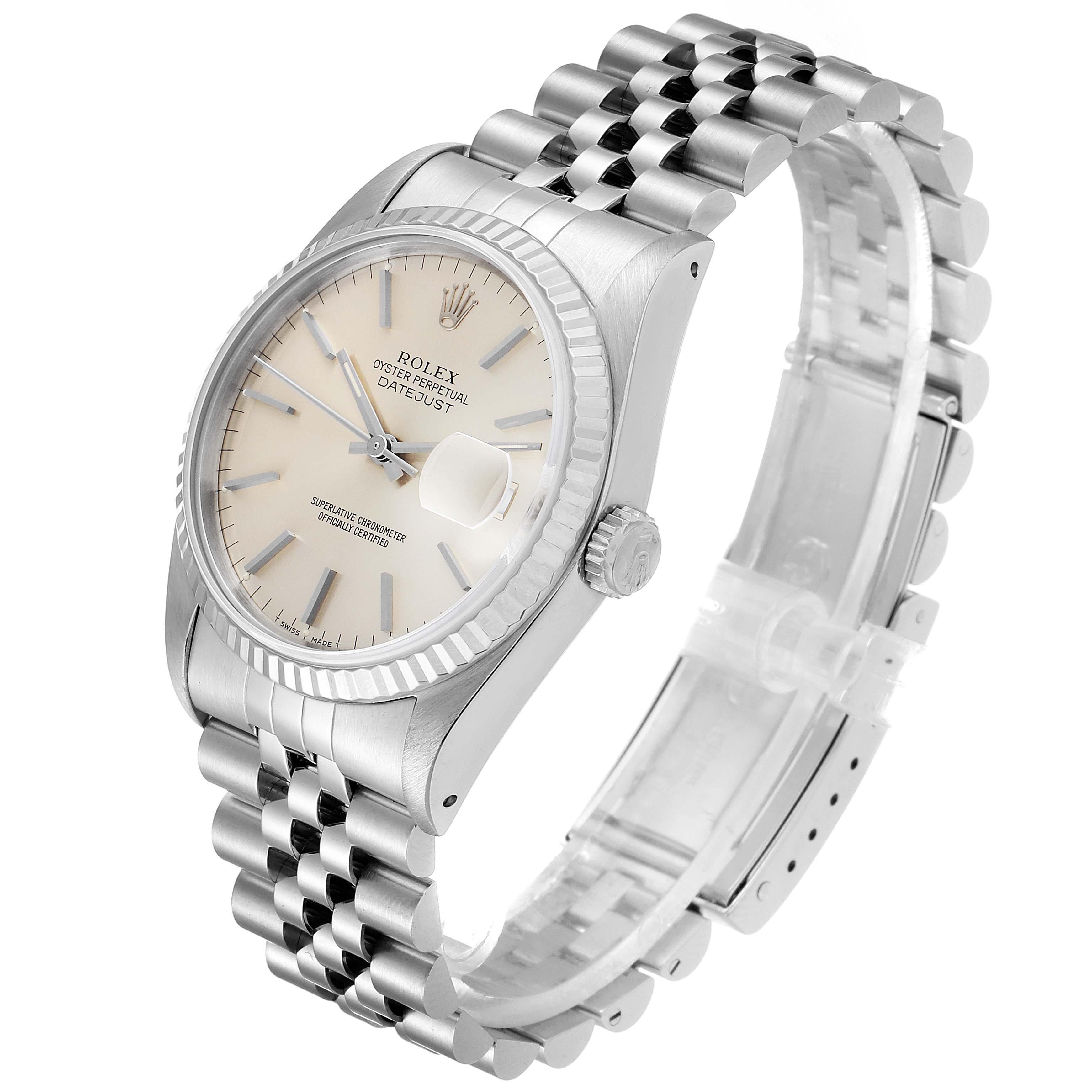 The image shows a Rolex Datejust 16234 Men's Stainless Steel Silver Dial 16234 Men's Stainless Steel Silver Dial watch at a three-quarter angle, highlighting the dial, bezel, crown, and bracelet.