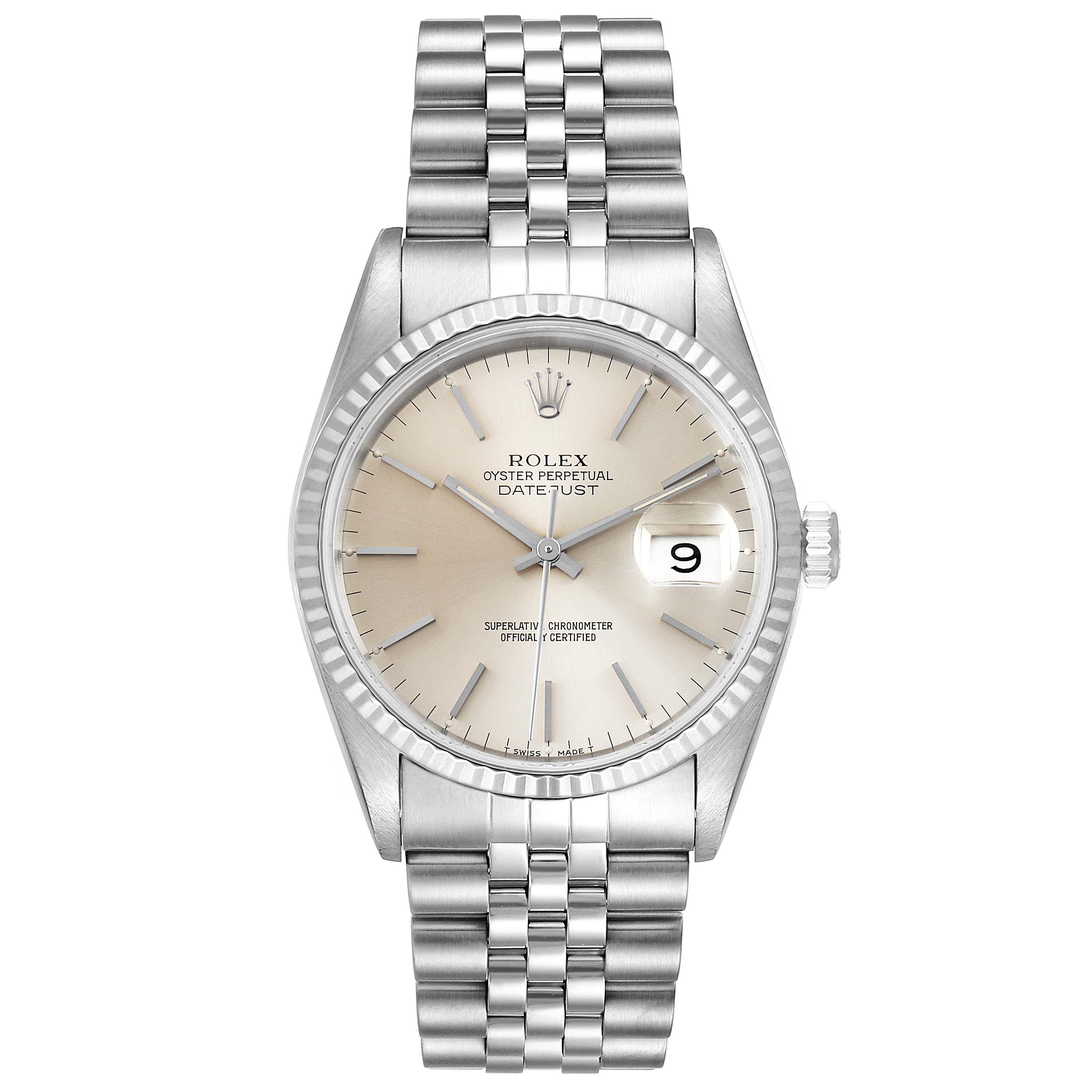This image shows a front view of the Rolex Datejust 16234 Men's Stainless Steel Silver Dial 16234 Men's Stainless Steel Silver Dial watch, highlighting its dial, hands, date window, and bracelet.