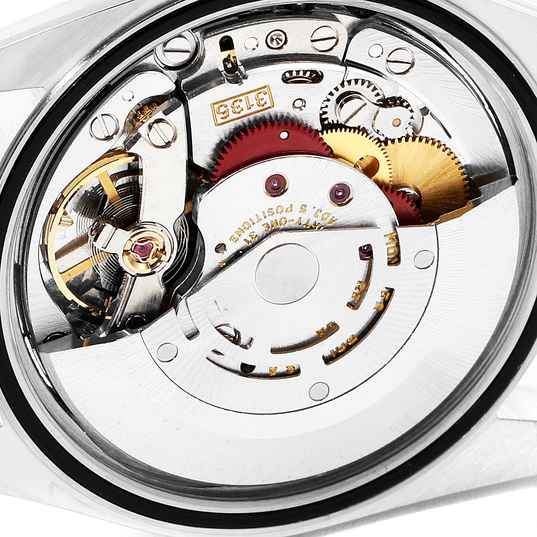 This image shows the intricate internal mechanical movement of a Rolex Datejust 16234 Men's Stainless Steel Silver Dial 16234 Men's Stainless Steel Silver Dial watch from a close-up angle.