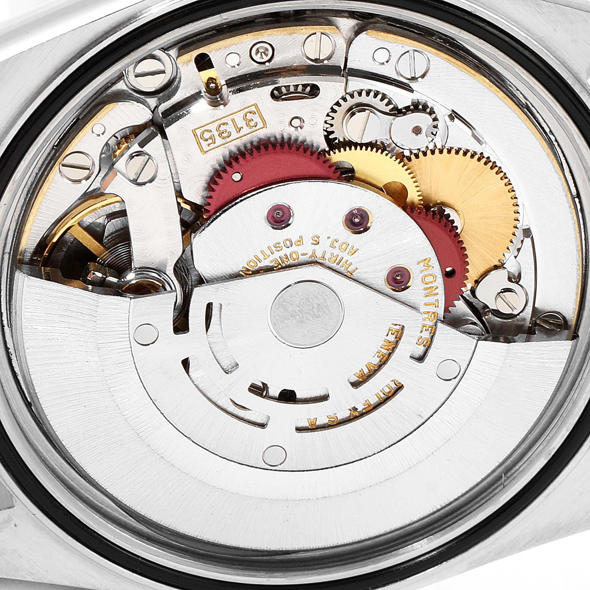 The image shows the intricate internal mechanism of a Rolex Datejust 16220 Men's Stainless Steel Silver Dial 16220 Men's Stainless Steel Silver Dial watch.