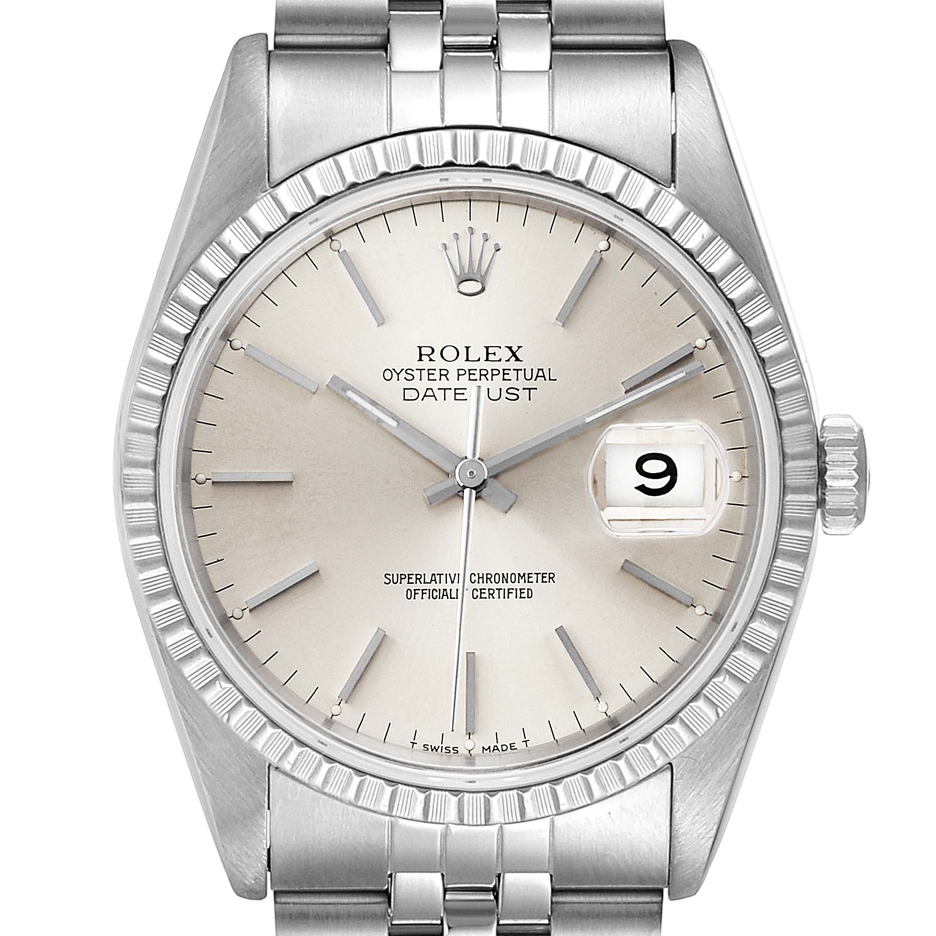 The image shows a front view of a Rolex Datejust 16220 Men's Stainless Steel Silver Dial 16220 Men's Stainless Steel Silver Dial watch, highlighting the dial, bezel, date window, and part of the bracelet.