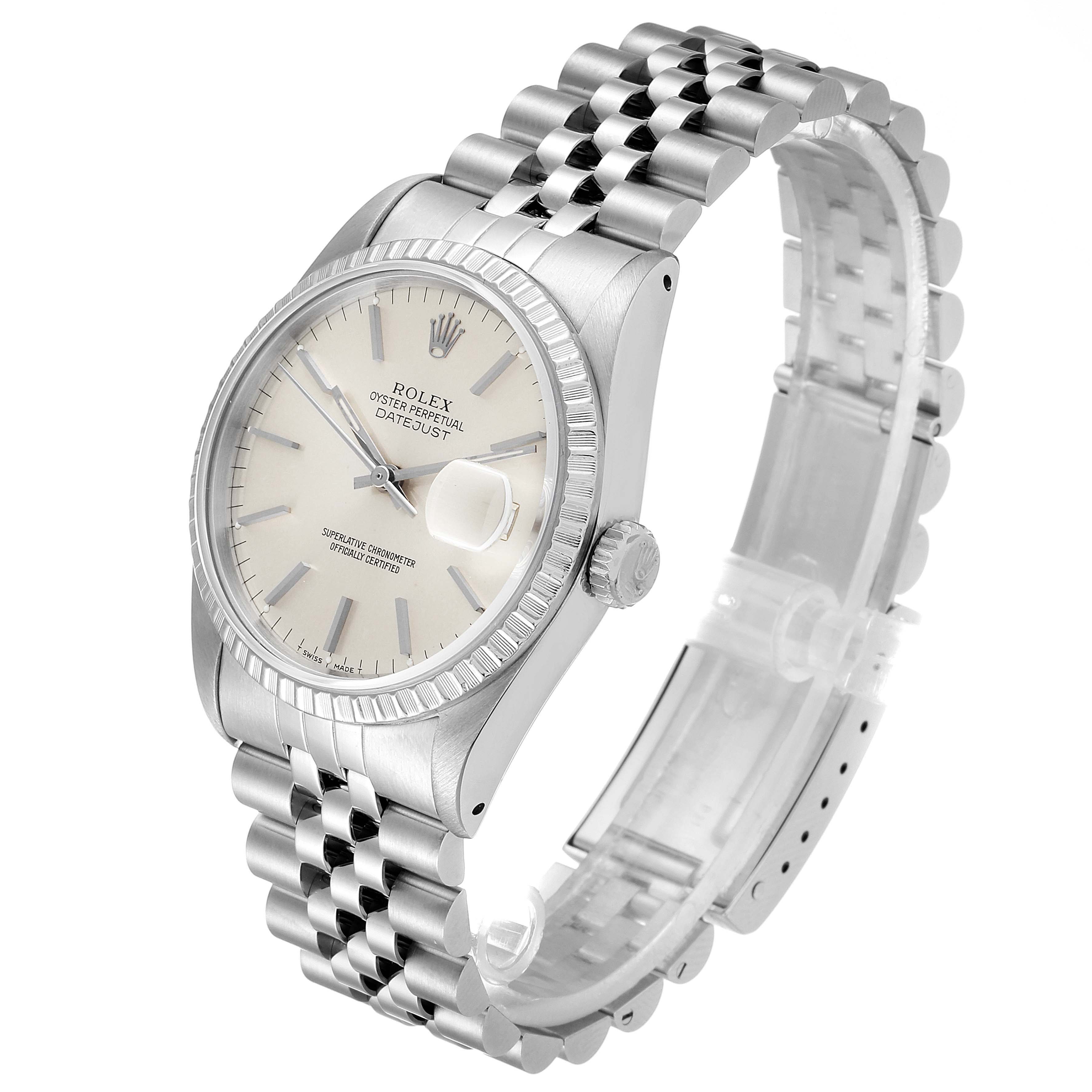 The image shows the Rolex Datejust 16220 Men's Stainless Steel Silver Dial 16220 Men's Stainless Steel Silver Dial watch at a three-quarter angle, highlighting the dial, bezel, crown, and bracelet.
