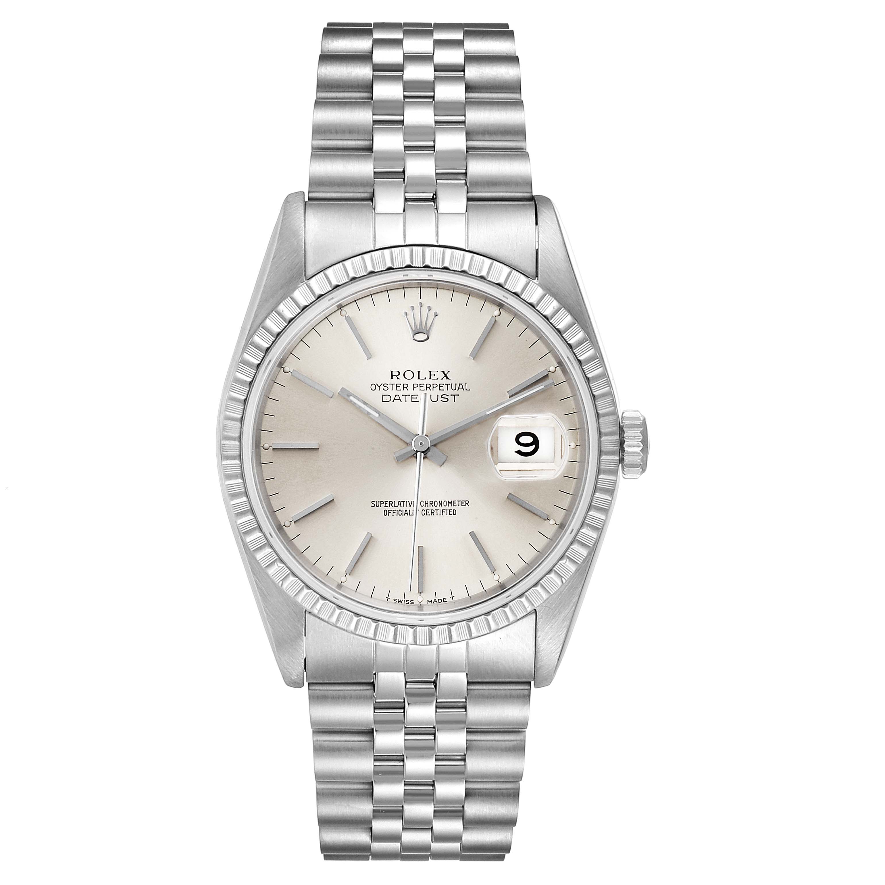 This image shows a front view of a Rolex Datejust 16220 Men's Stainless Steel Silver Dial 16220 Men's Stainless Steel Silver Dial model watch, featuring its dial, bezel, bracelet, and date display.