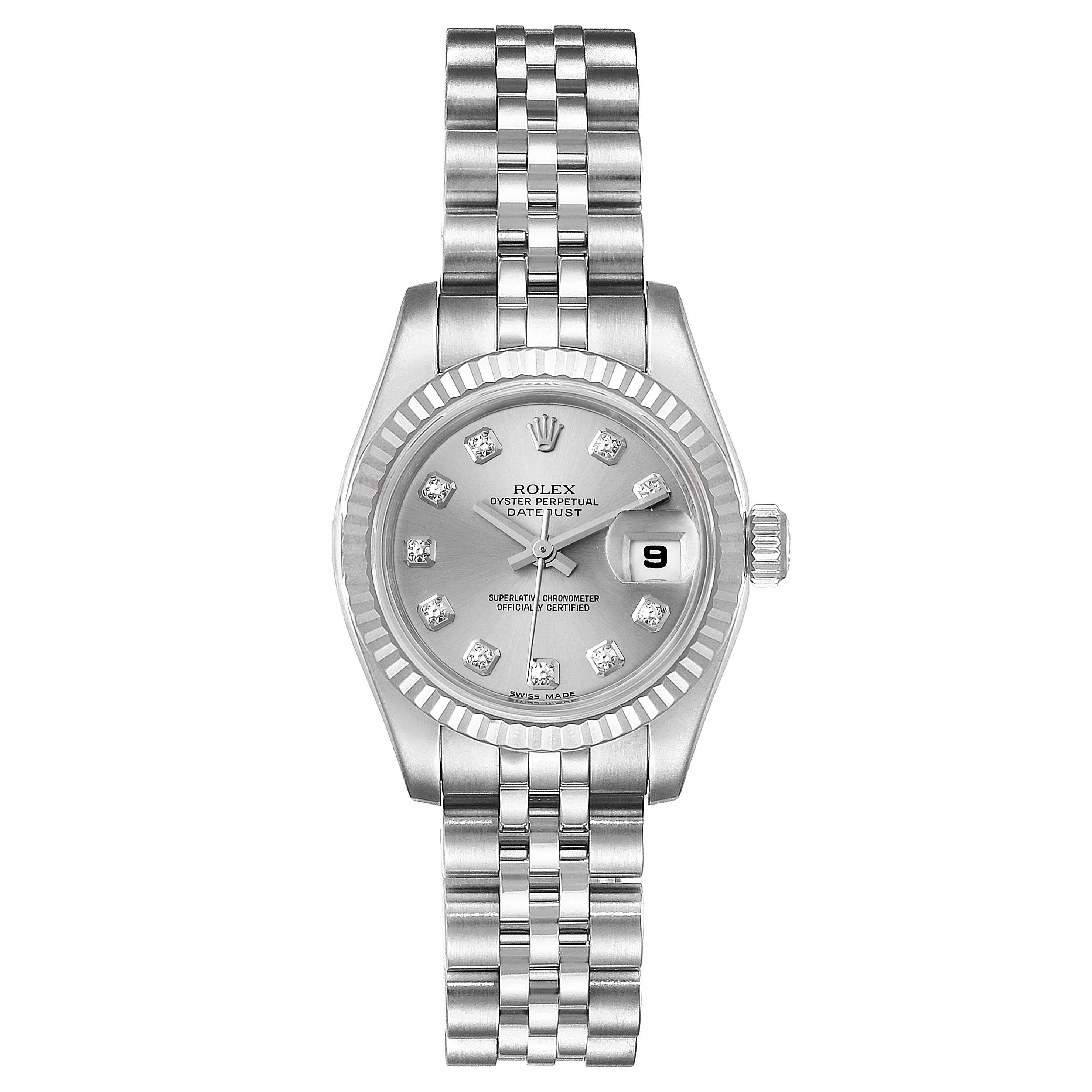 The Rolex Datejust 179174 Women
s Stainless Steel Silver Dial 179174 Women
s Stainless Steel Silver Dial model is shown from a top-down angle, highlighting its bracelet, bezel, dial, and crown.