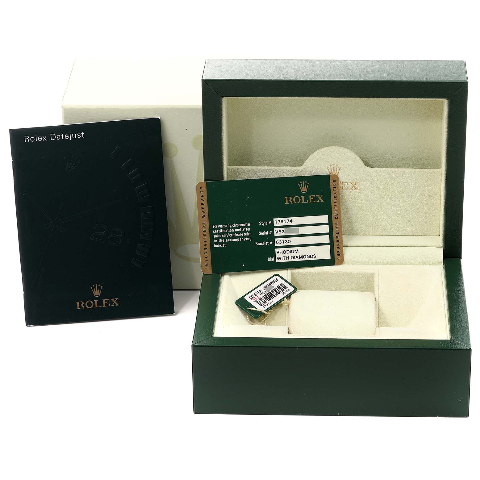 This image shows the packaging, warranty card, and manual for the Rolex Datejust 179174 Women
s Stainless Steel Silver Dial 179174 Women
s Stainless Steel Silver Dial watch model.