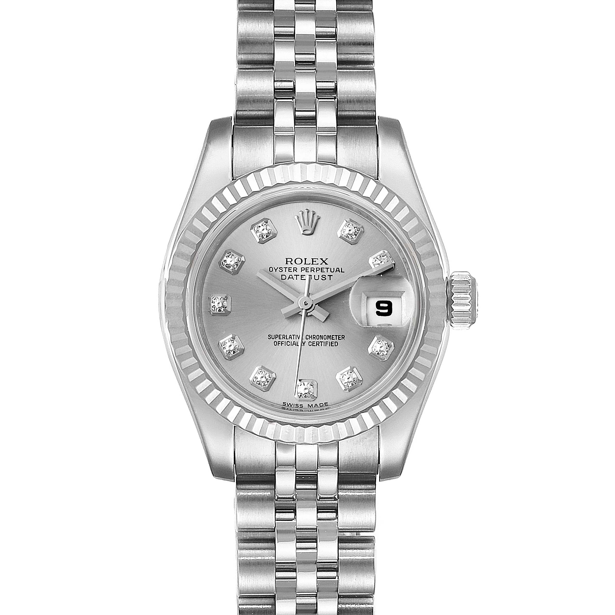 The image shows a front view of a Rolex Datejust 179174 Women
s Stainless Steel Silver Dial 179174 Women
s Stainless Steel Silver Dial watch, displaying the dial, bracelet, and fluted bezel.