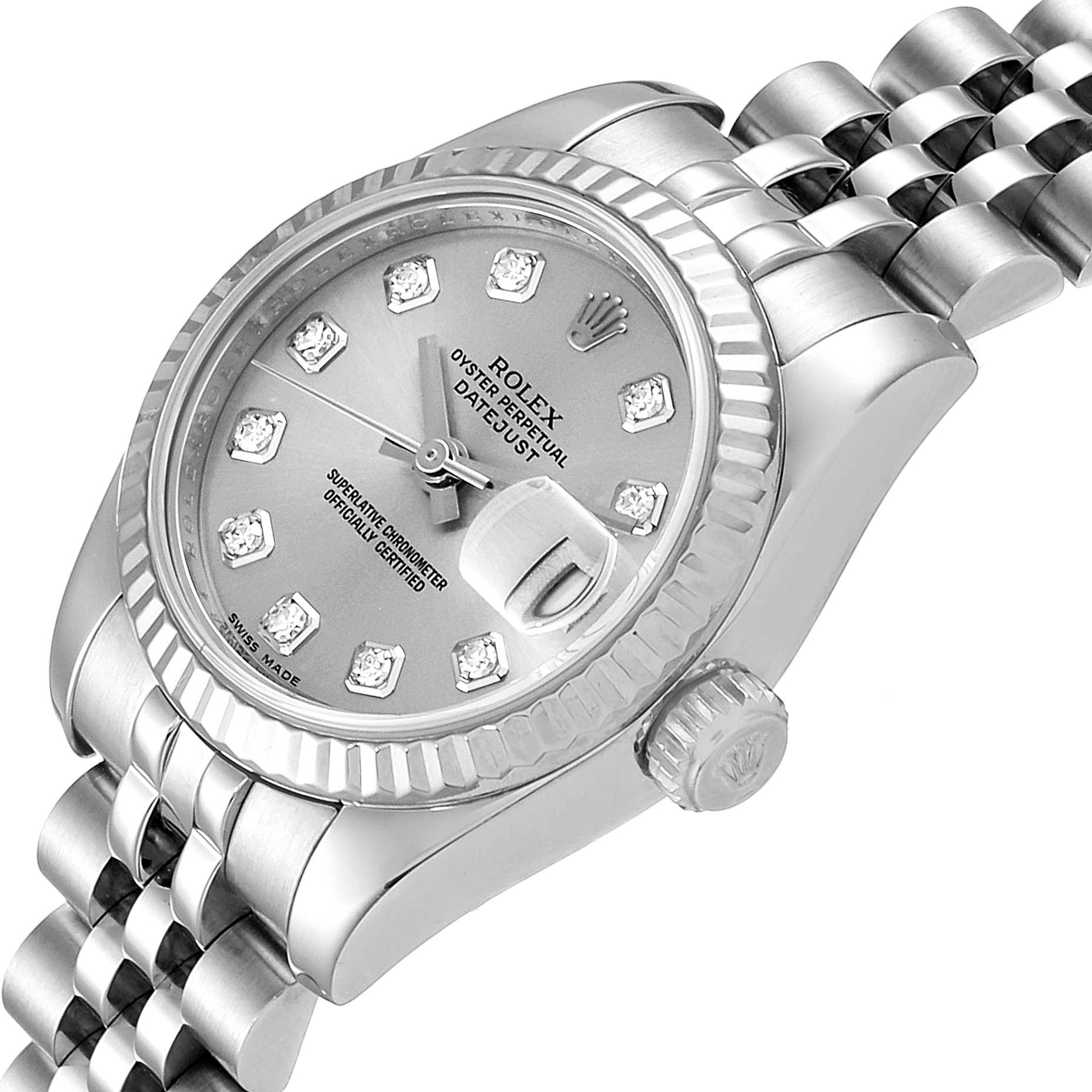 The image shows a Rolex Datejust 179174 Women
s Stainless Steel Silver Dial 179174 Women
s Stainless Steel Silver Dial watch at a slight angle, highlighting the face, bezel, crown, and part of the bracelet.