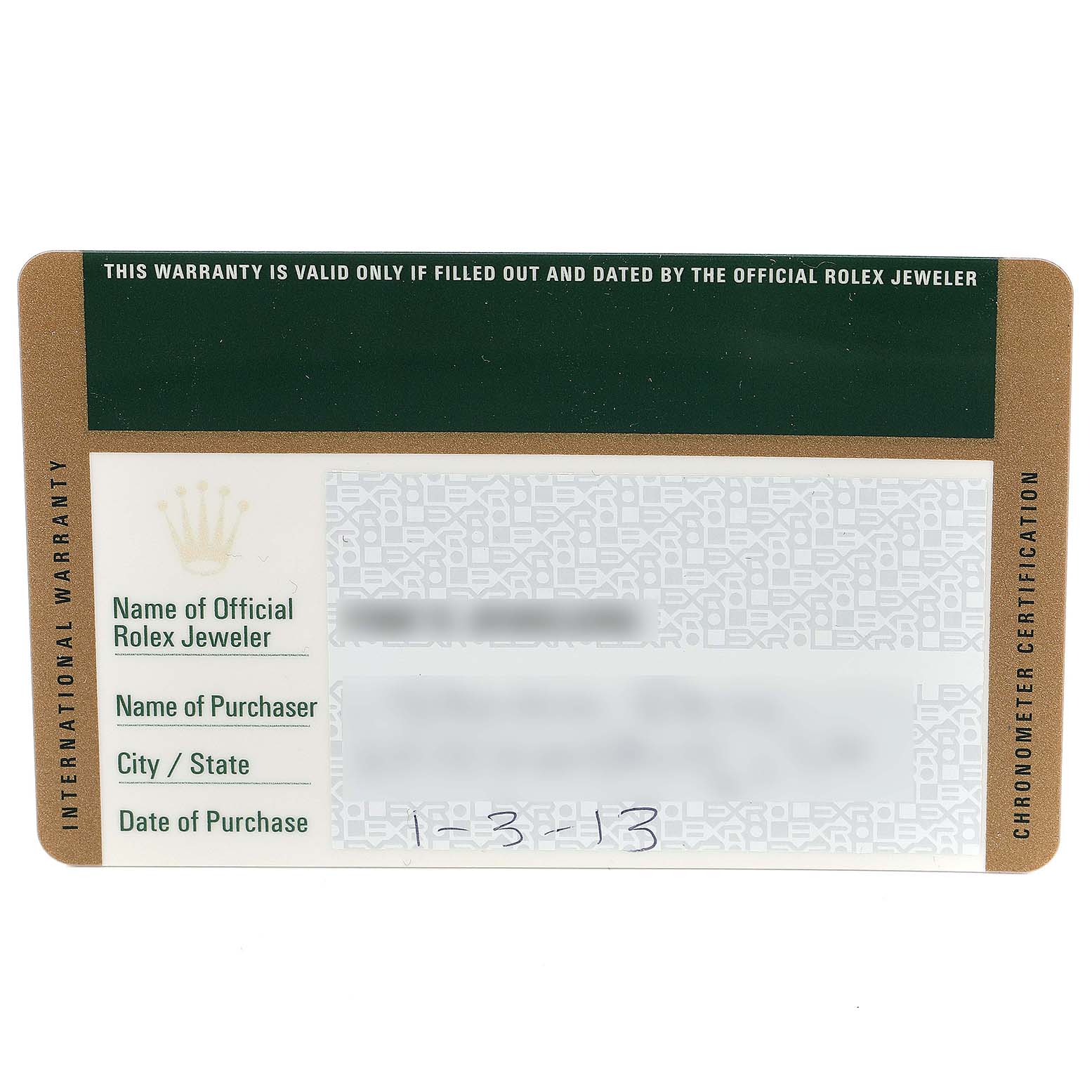 This is an image of the warranty card for the Rolex Datejust 179174 Women
s Stainless Steel Silver Dial 179174 Women
s Stainless Steel Silver Dial model.