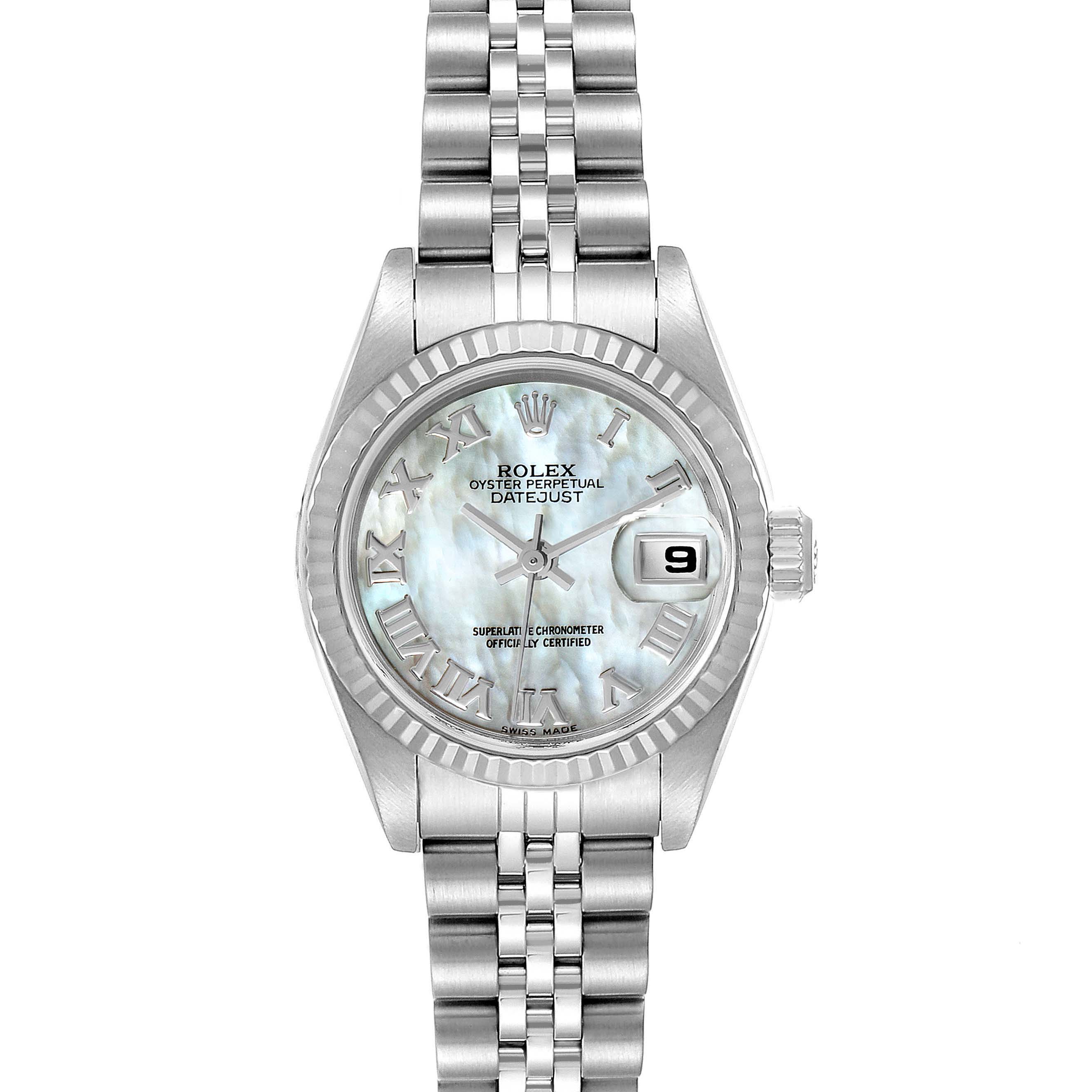 This front-facing image shows a Rolex Datejust 79174 Women
s Stainless Steel Mother of Pearl Dial 79174 Women
s Stainless Steel Mother of Pearl Dial watch with its bracelet, dial, and fluted bezel.