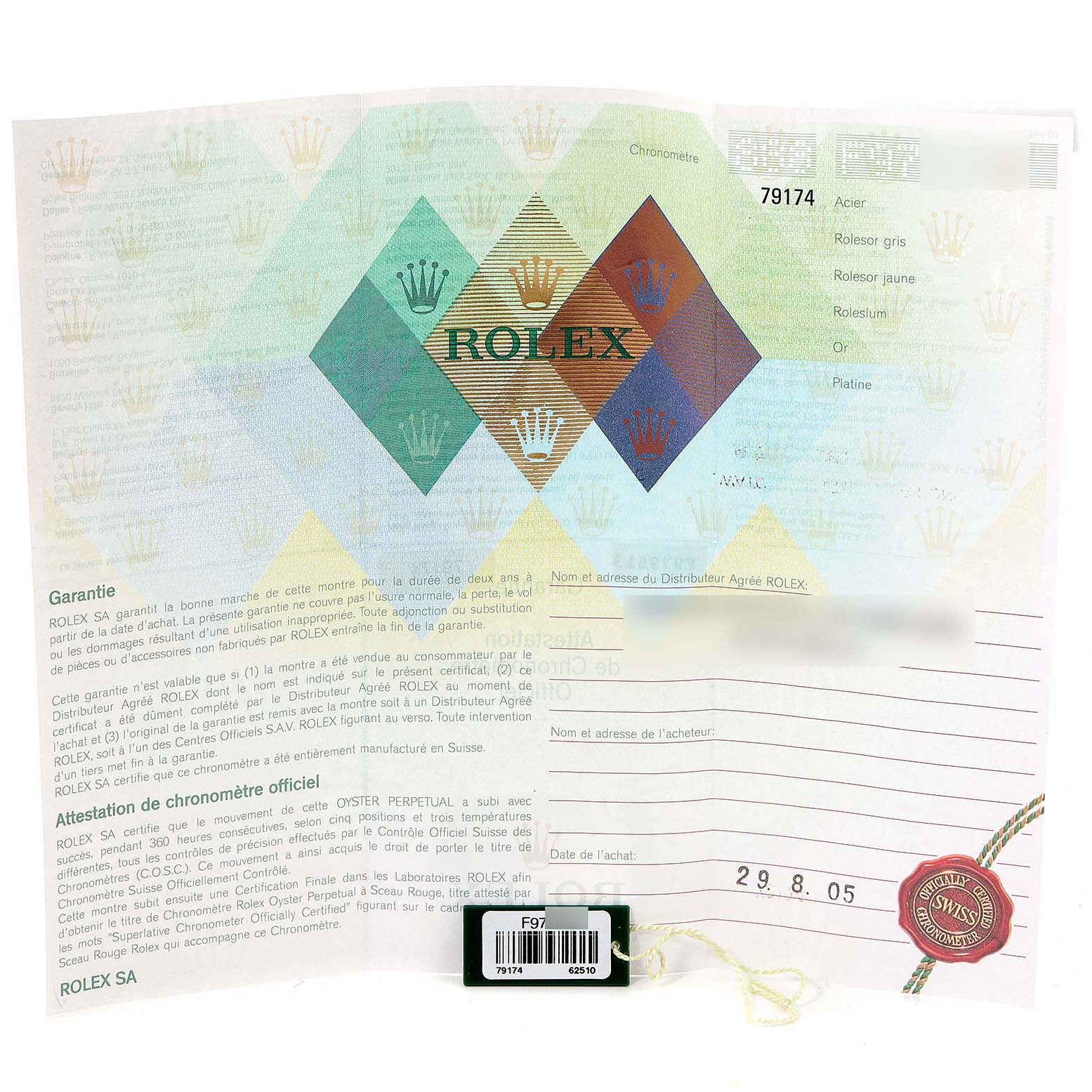 This image shows the warranty certificate for the Rolex Datejust 79174 Women
s Stainless Steel Mother of Pearl Dial 79174 Women
s Stainless Steel Mother of Pearl Dial model, including the serial number, purchase date, and authorized dealer information.