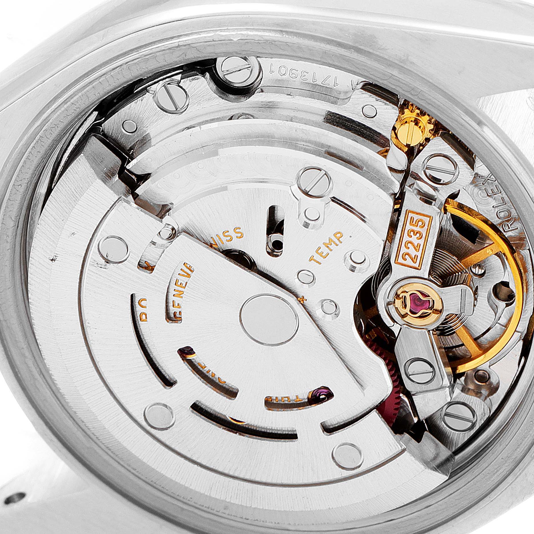 The image shows a close-up view of the movement mechanism inside a Rolex Datejust 79174 Women
s Stainless Steel Mother of Pearl Dial 79174 Women
s Stainless Steel Mother of Pearl Dial watch.