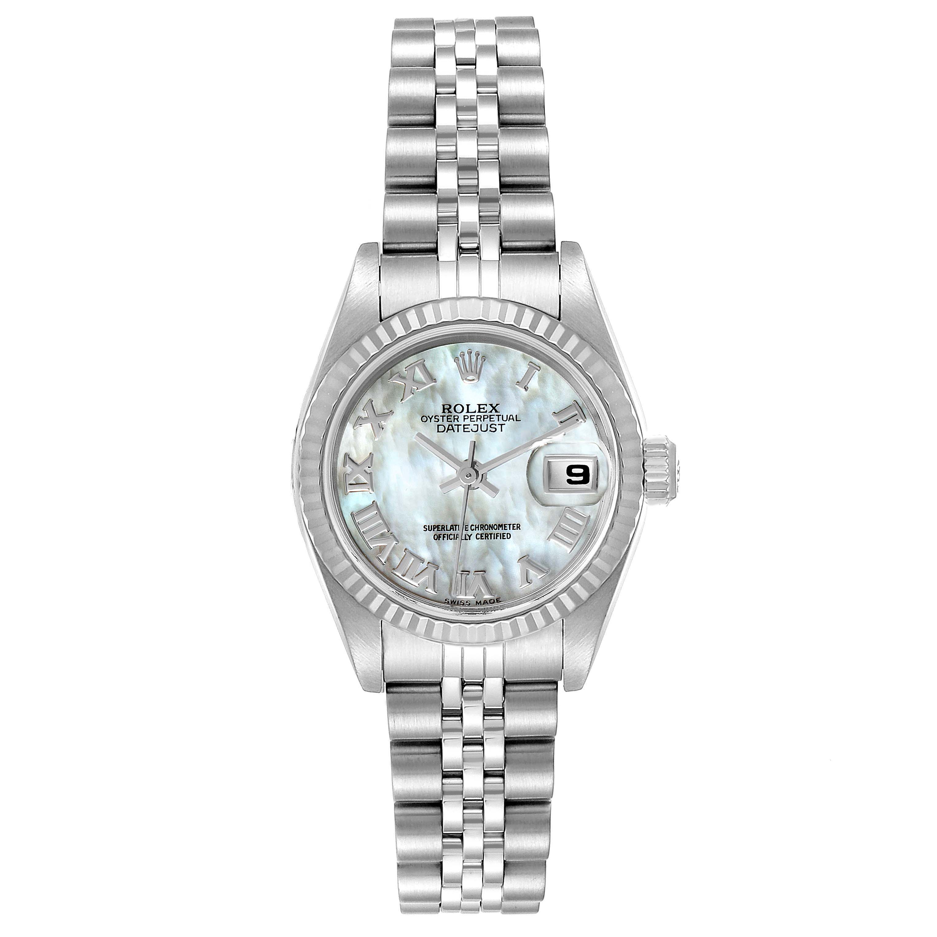 This image displays a front view of the Rolex Datejust 79174 Women
s Stainless Steel Mother of Pearl Dial 79174 Women
s Stainless Steel Mother of Pearl Dial watch, highlighting the face, bezel, and bracelet.