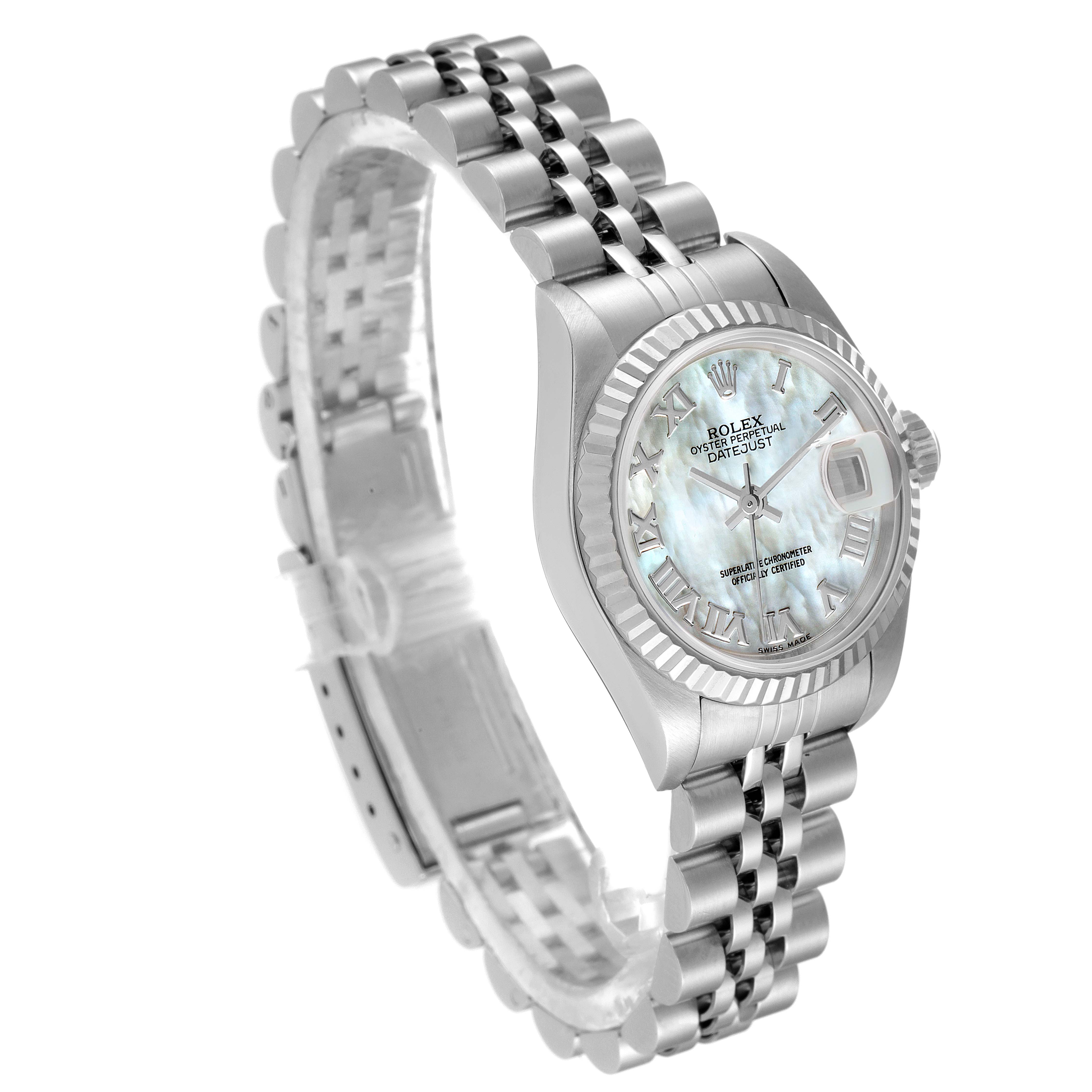 The Rolex Datejust 79174 Women
s Stainless Steel Mother of Pearl Dial 79174 Women
s Stainless Steel Mother of Pearl Dial watch is shown at a three-quarter angle, highlighting the dial, case, and bracelet.