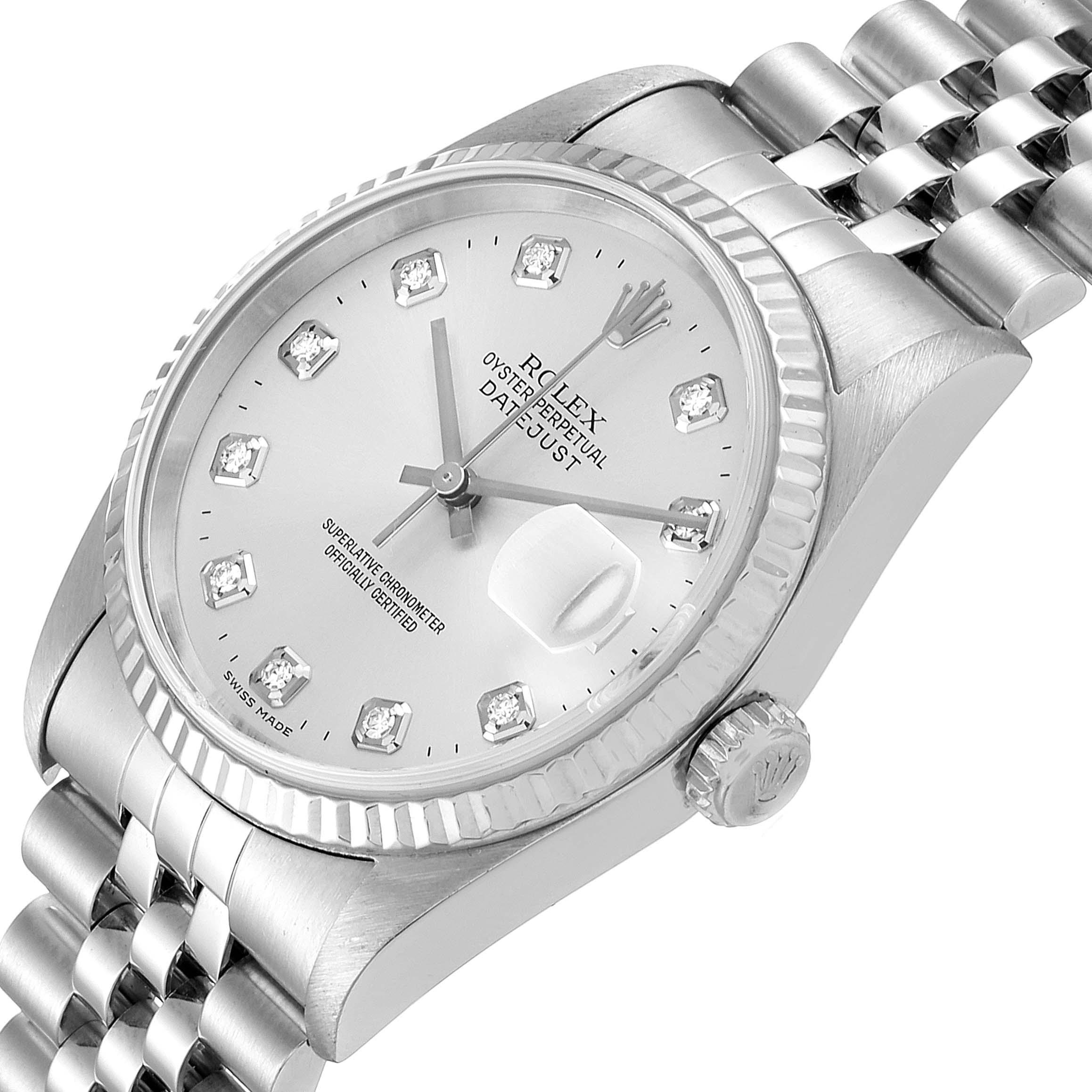 The Rolex Datejust 16234 Men's Stainless Steel Silver Dial 16234 Men's Stainless Steel Silver Dial watch is shown at an angled close-up, highlighting its dial, bezel, crown, and bracelet.