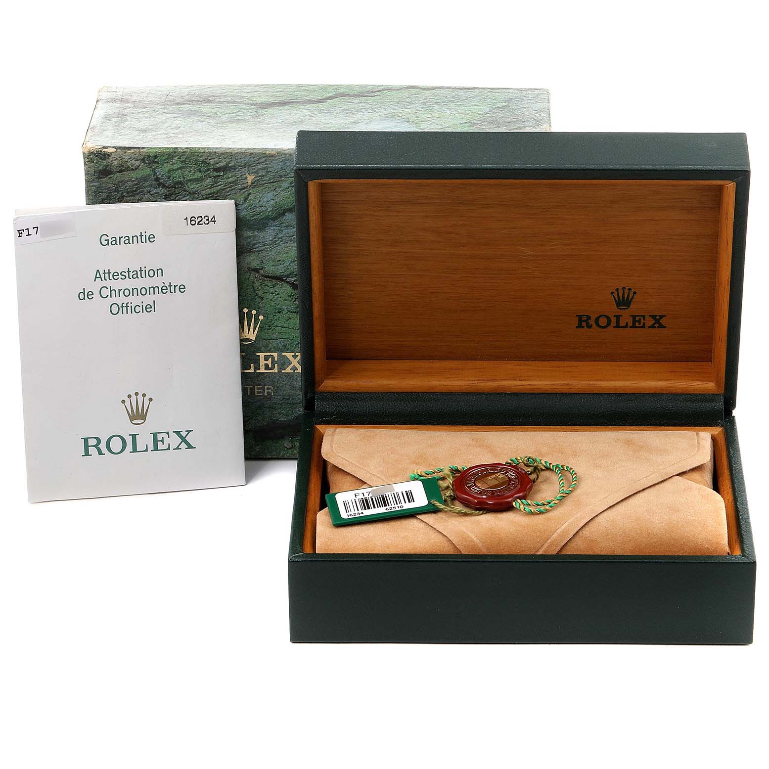 The image shows a Rolex Datejust 16234 Men's Stainless Steel Silver Dial 16234 Men's Stainless Steel Silver Dial watch box, a green warranty card envelope, and official chronometer certification.