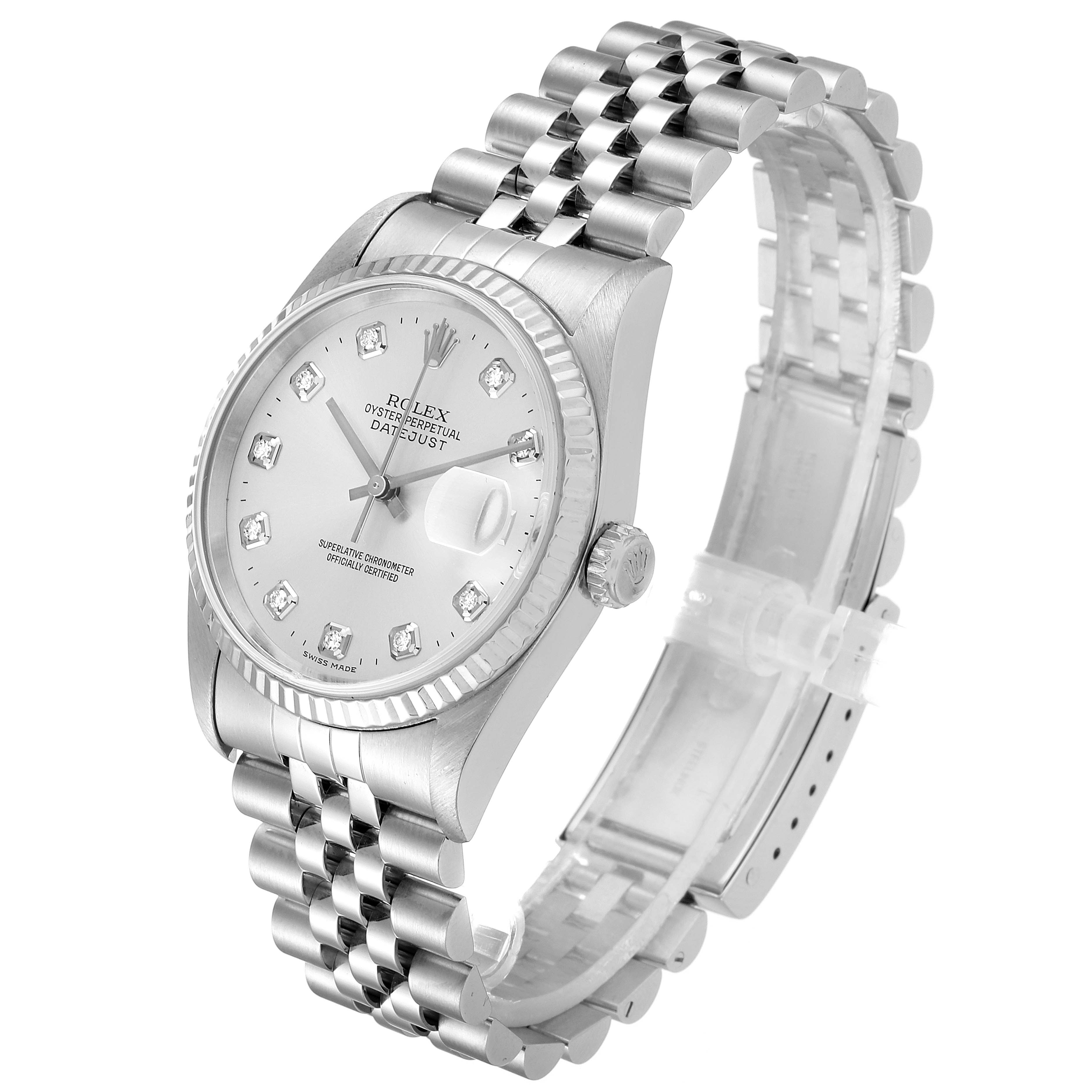The image shows a Rolex Datejust 16234 Men's Stainless Steel Silver Dial 16234 Men's Stainless Steel Silver Dial watch at an oblique angle highlighting the face, bezel, crown, and bracelet.