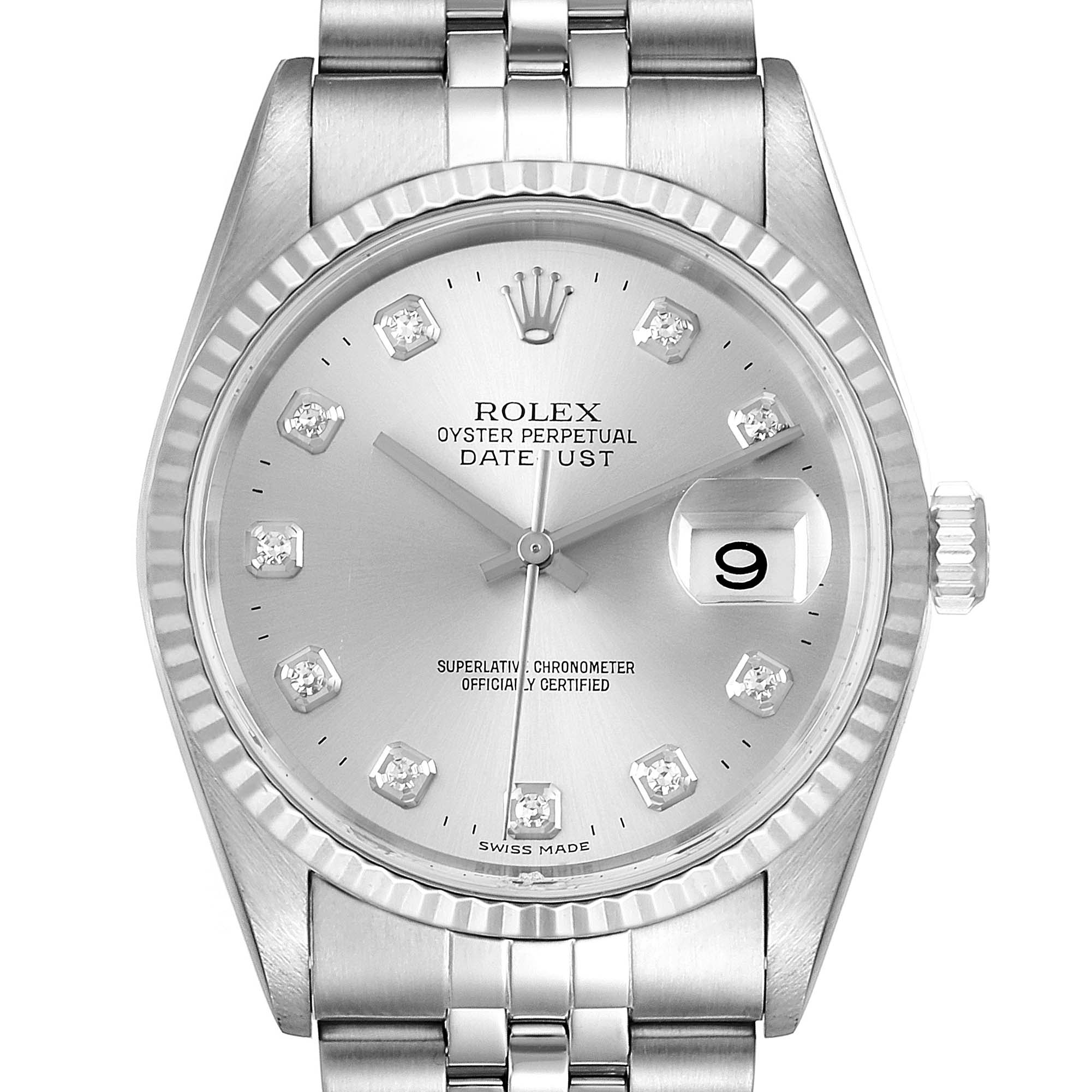 The image shows a front view of a Rolex Datejust 16234 Men's Stainless Steel Silver Dial 16234 Men's Stainless Steel Silver Dial watch, highlighting its dial, bezel, bracelet, and date display.