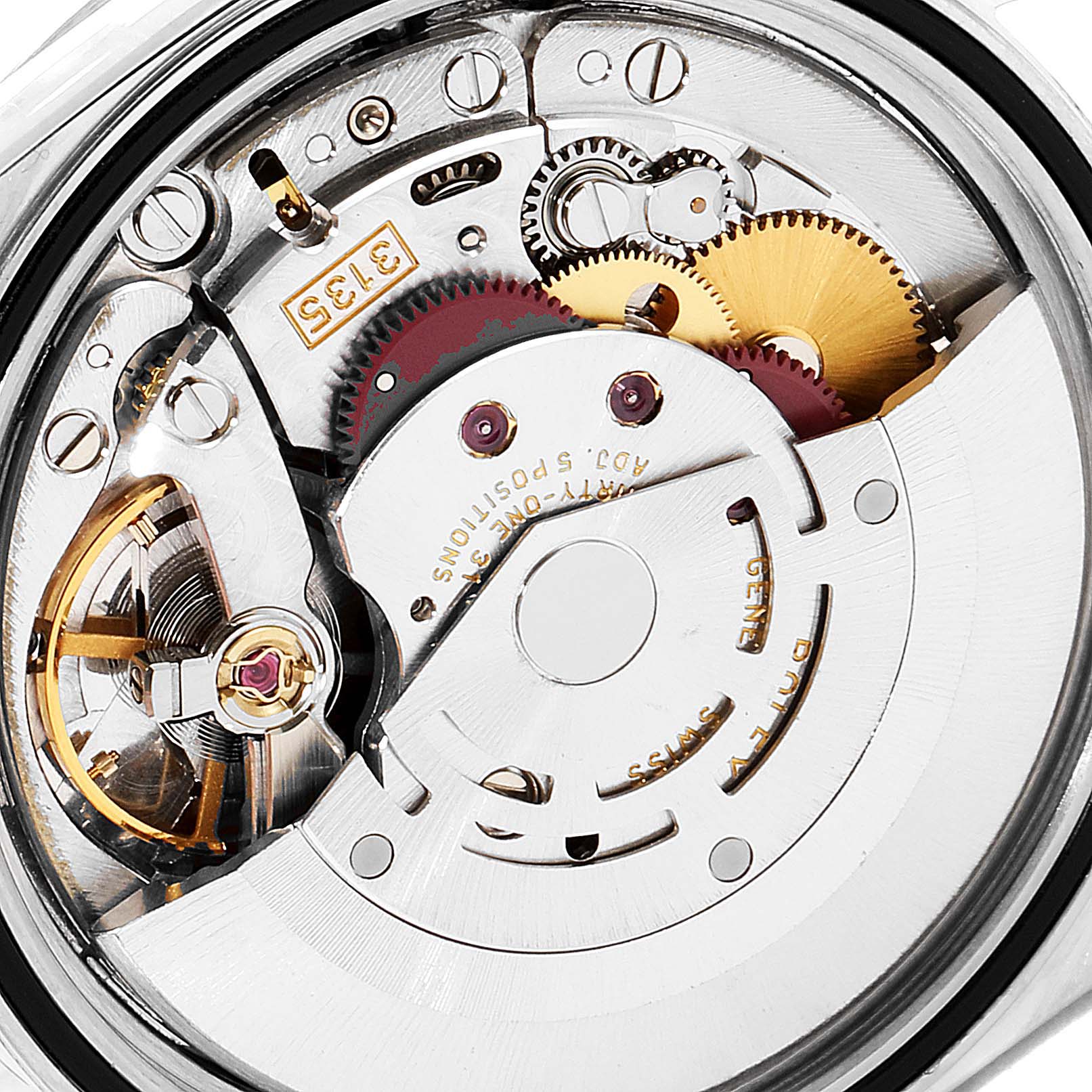 This is a close-up view of the internal mechanism of a Rolex Datejust 16234 Men's Stainless Steel Silver Dial 16234 Men's Stainless Steel Silver Dial watch, showing gears and movement components.