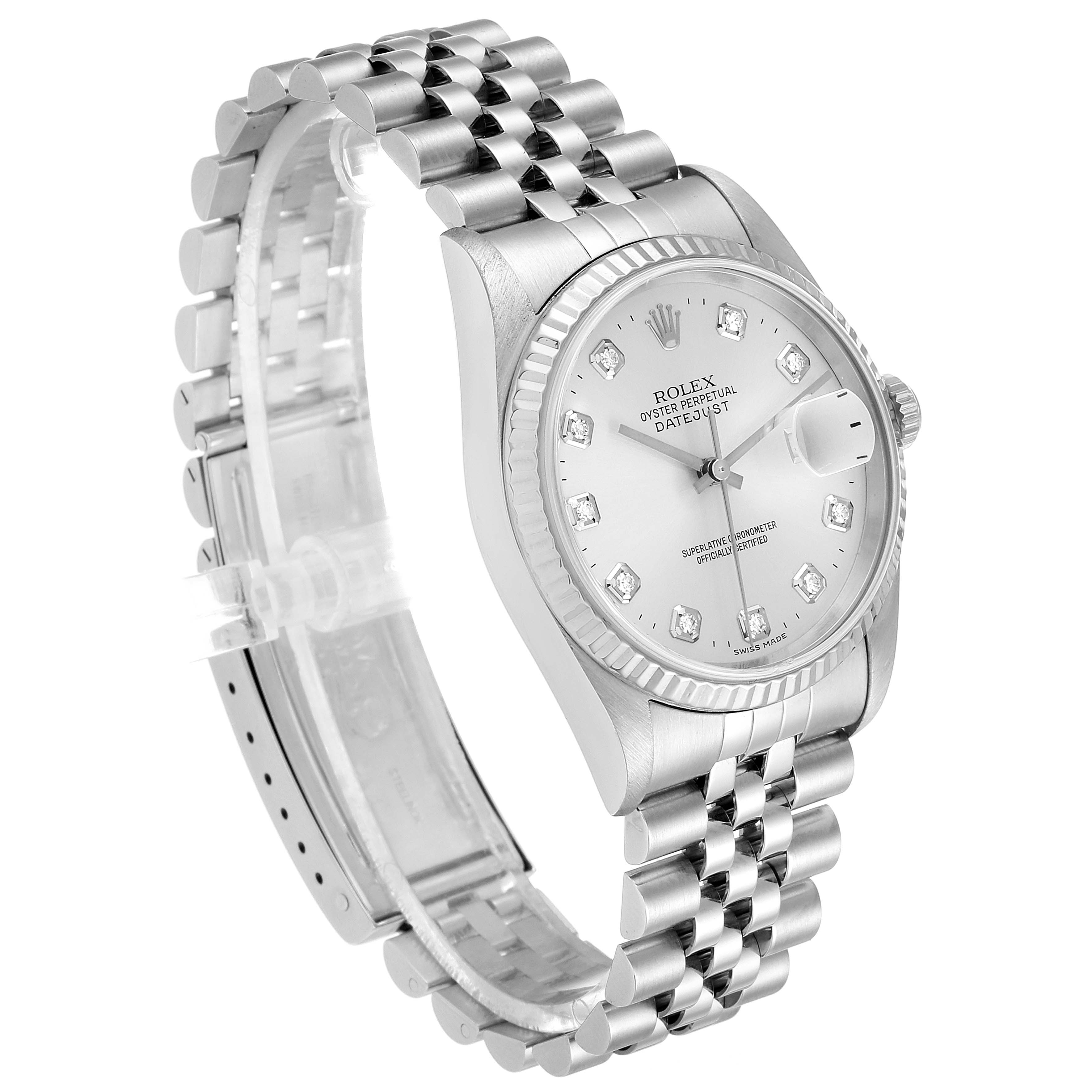 This image shows a silver Rolex Datejust 16234 Men's Stainless Steel Silver Dial 16234 Men's Stainless Steel Silver Dial watch from an angled side view, highlighting the face, bezel, and bracelet.