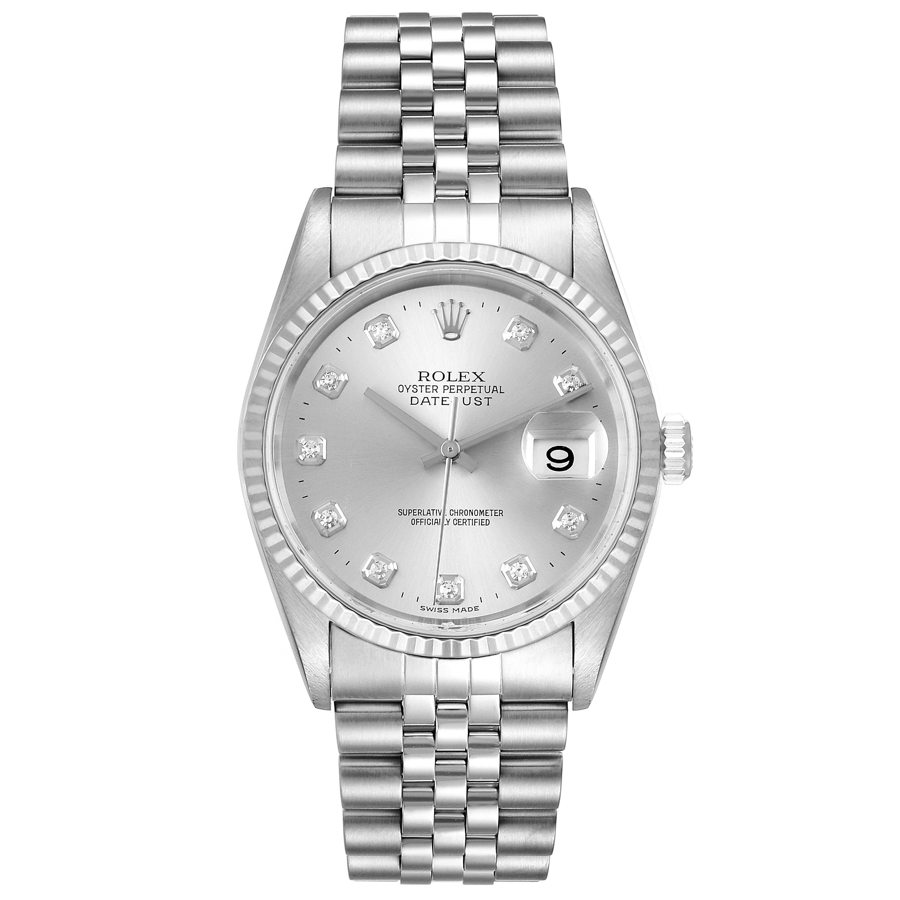 The image shows a frontal view of the Rolex Datejust 16234 Men's Stainless Steel Silver Dial 16234 Men's Stainless Steel Silver Dial watch, highlighting its silver dial, fluted bezel, and Jubilee bracelet.