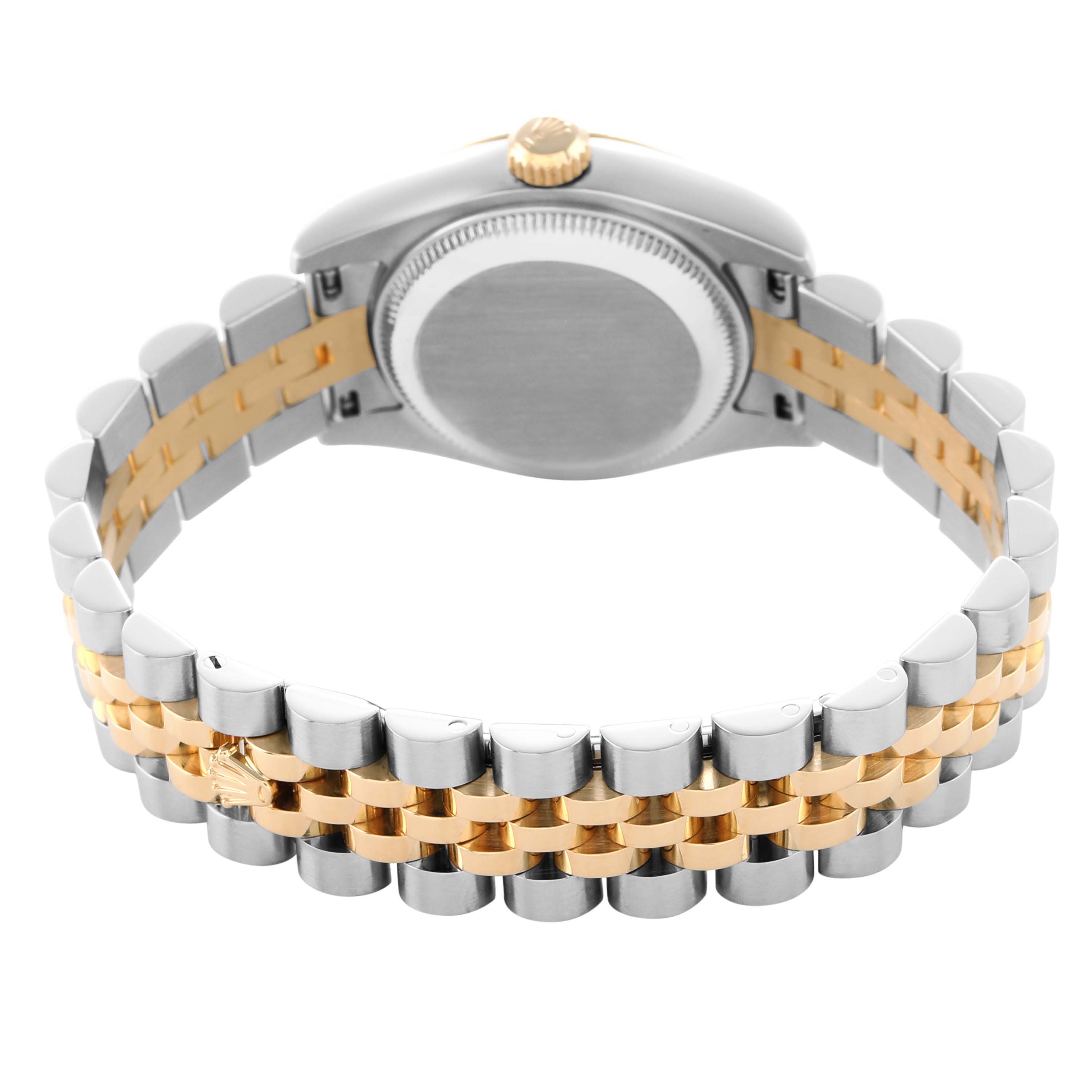The image shows the back view of a Rolex Datejust 179173 Women's Steel and Gold (two tone) Champagne Dial watch, highlighting the two-tone bracelet and case back.