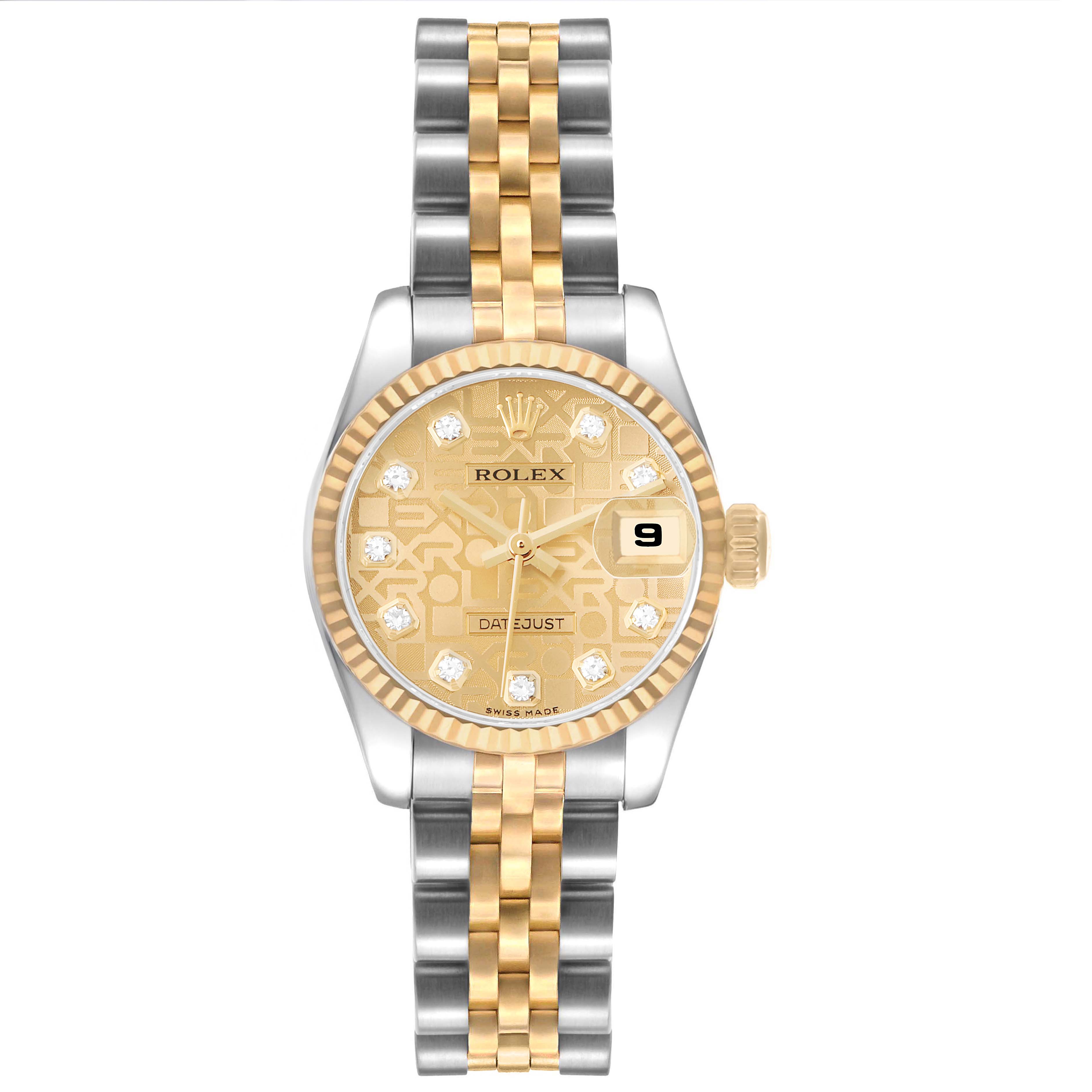 The Rolex Datejust 179173 Women's Steel and Gold (two tone) Champagne Dial watch is shown from the front, highlighting its dial, bezel, and two-tone bracelet.