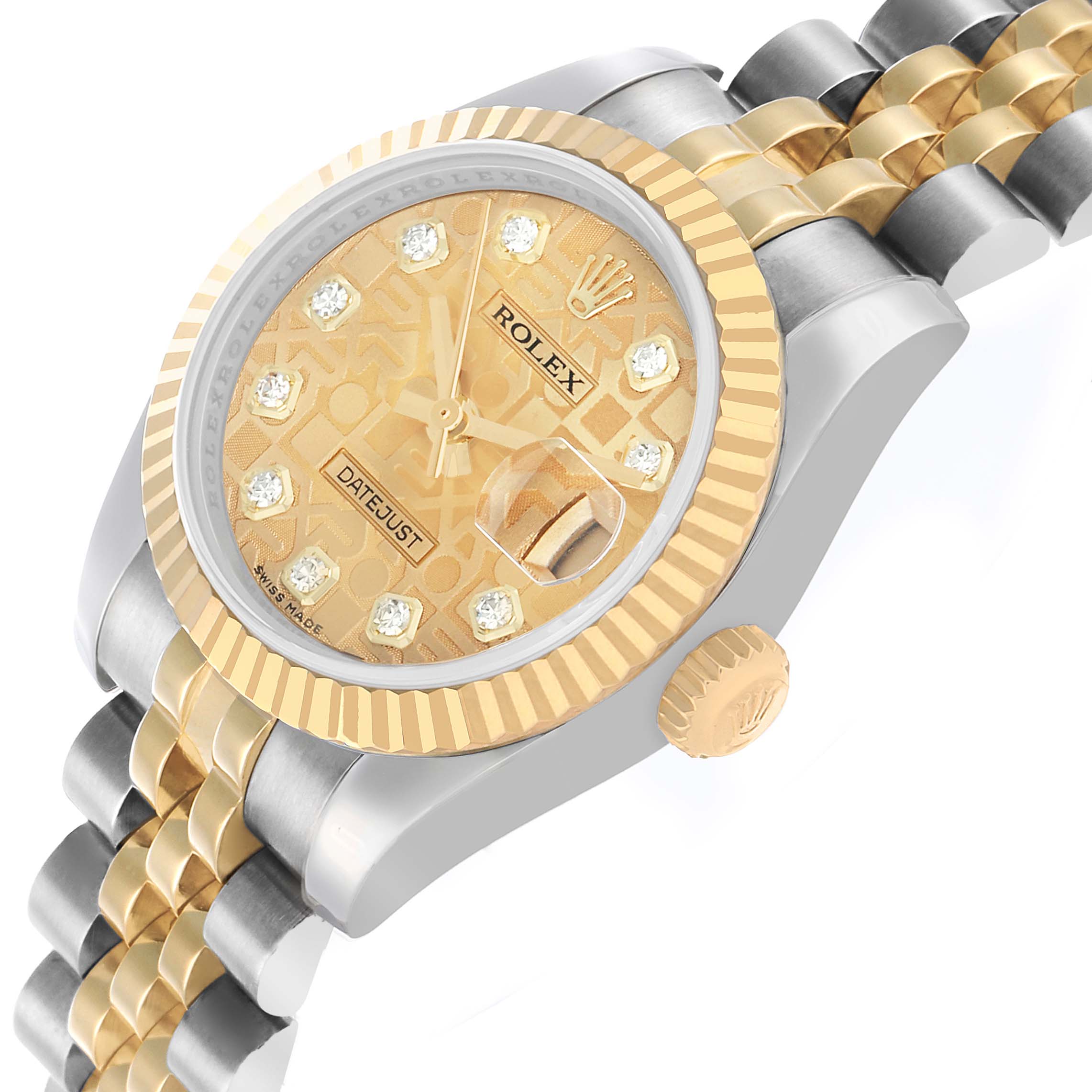 This Rolex Datejust 179173 Women's Steel and Gold (two tone) Champagne Dial watch is shown at an angled side view, highlighting the gold and silver two-tone case, dial, and bracelet.