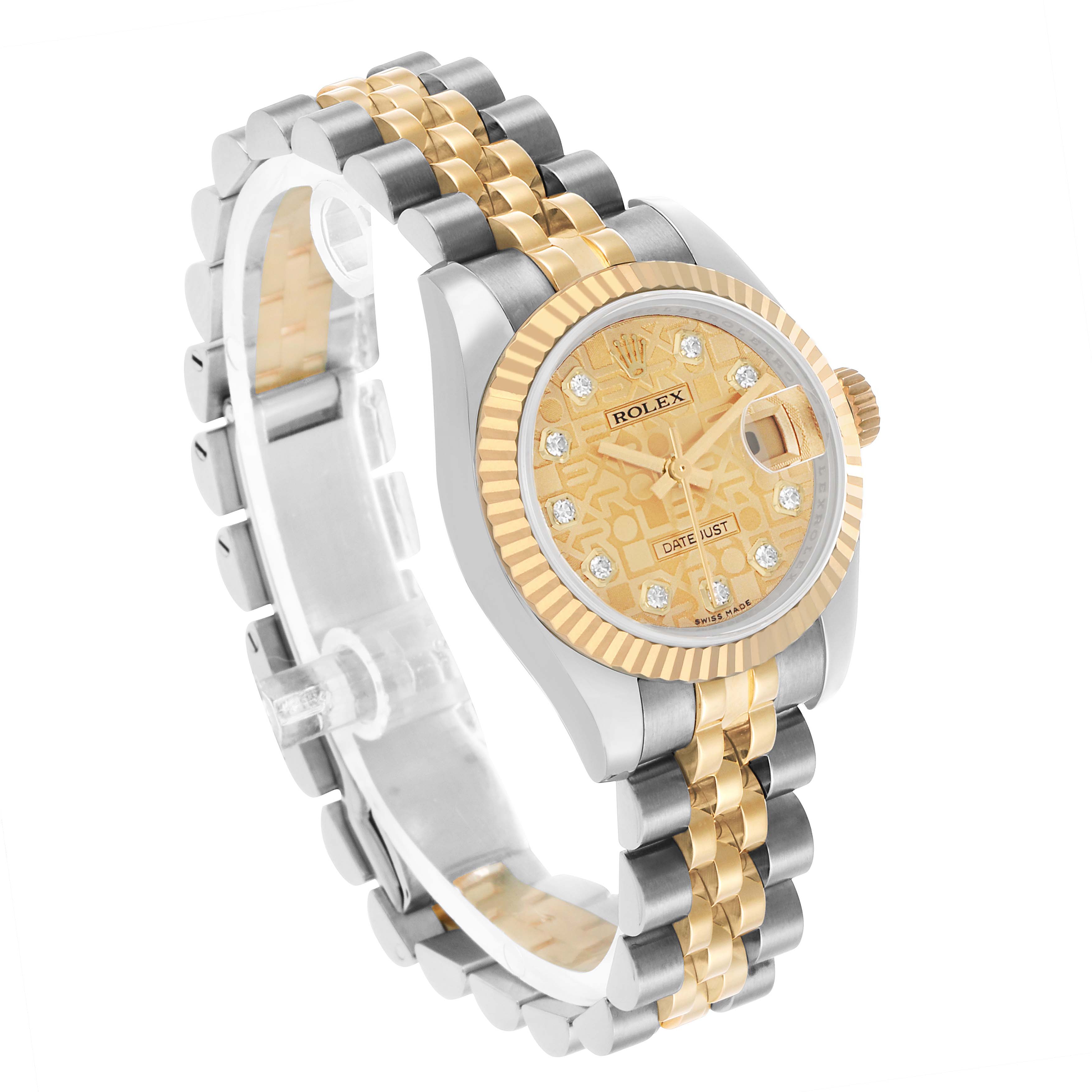 The Rolex Datejust 179173 Women's Steel and Gold (two tone) Champagne Dial watch is shown at an angled top view, highlighting its gold and silver bracelet, bezel, and diamond-accented dial.