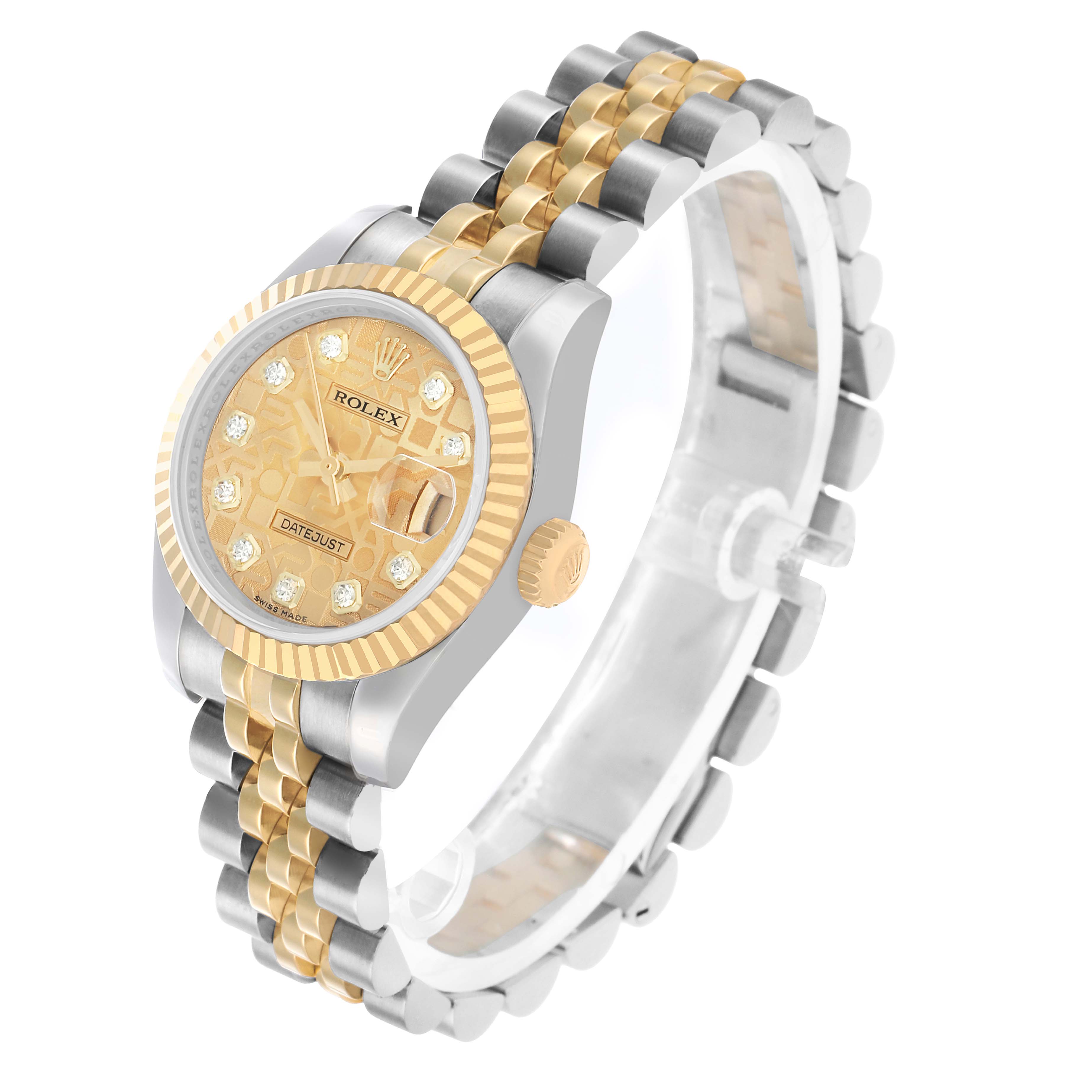 The Rolex Datejust 179173 Women's Steel and Gold (two tone) Champagne Dial watch is shown at a three-quarter angle, highlighting the dial, fluted bezel, crown, and two-tone bracelet.