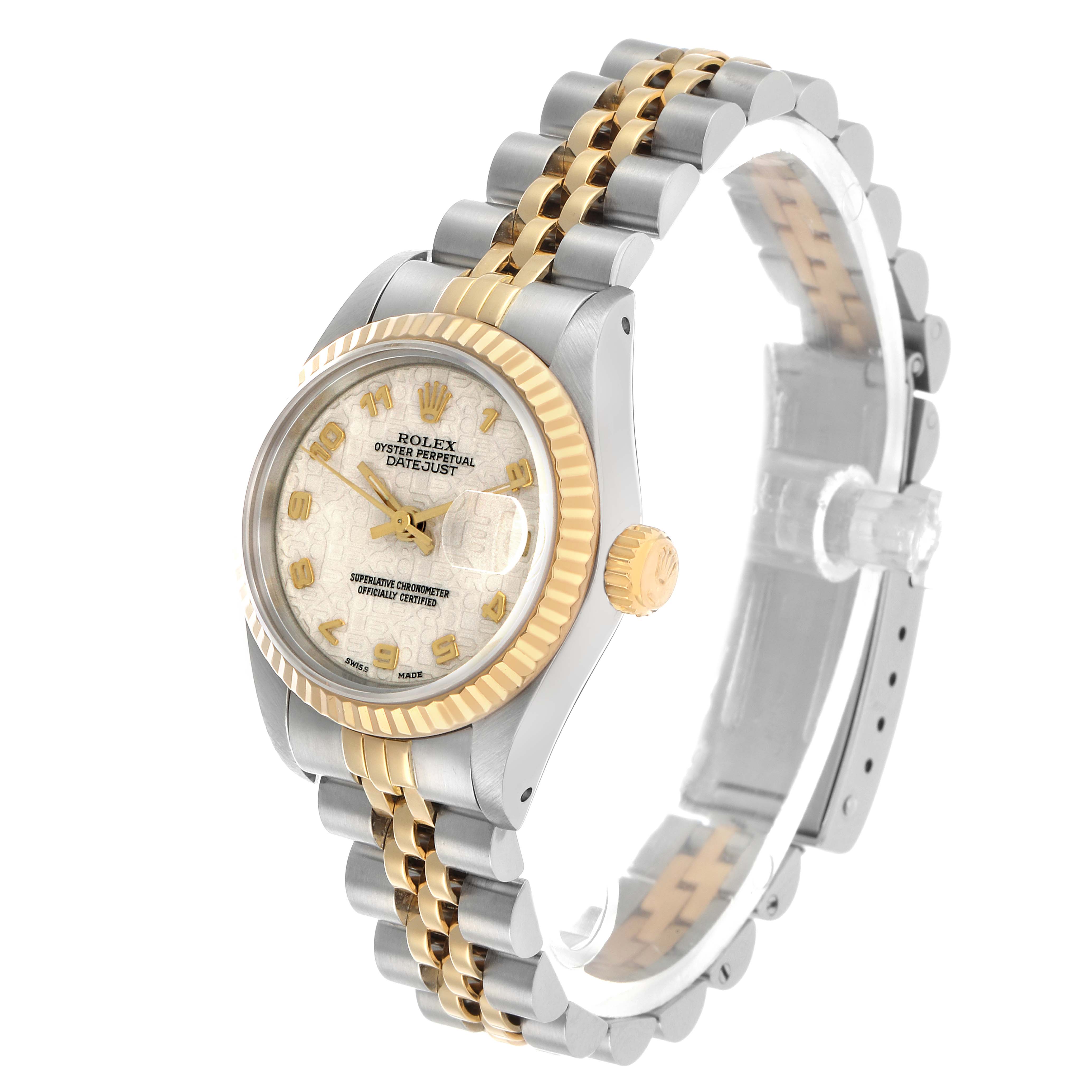 The Rolex Datejust 69173 Women's Steel and Gold (two tone) White Dial watch is shown from a front-left angle, highlighting its gold bezel, bracelet, and face.