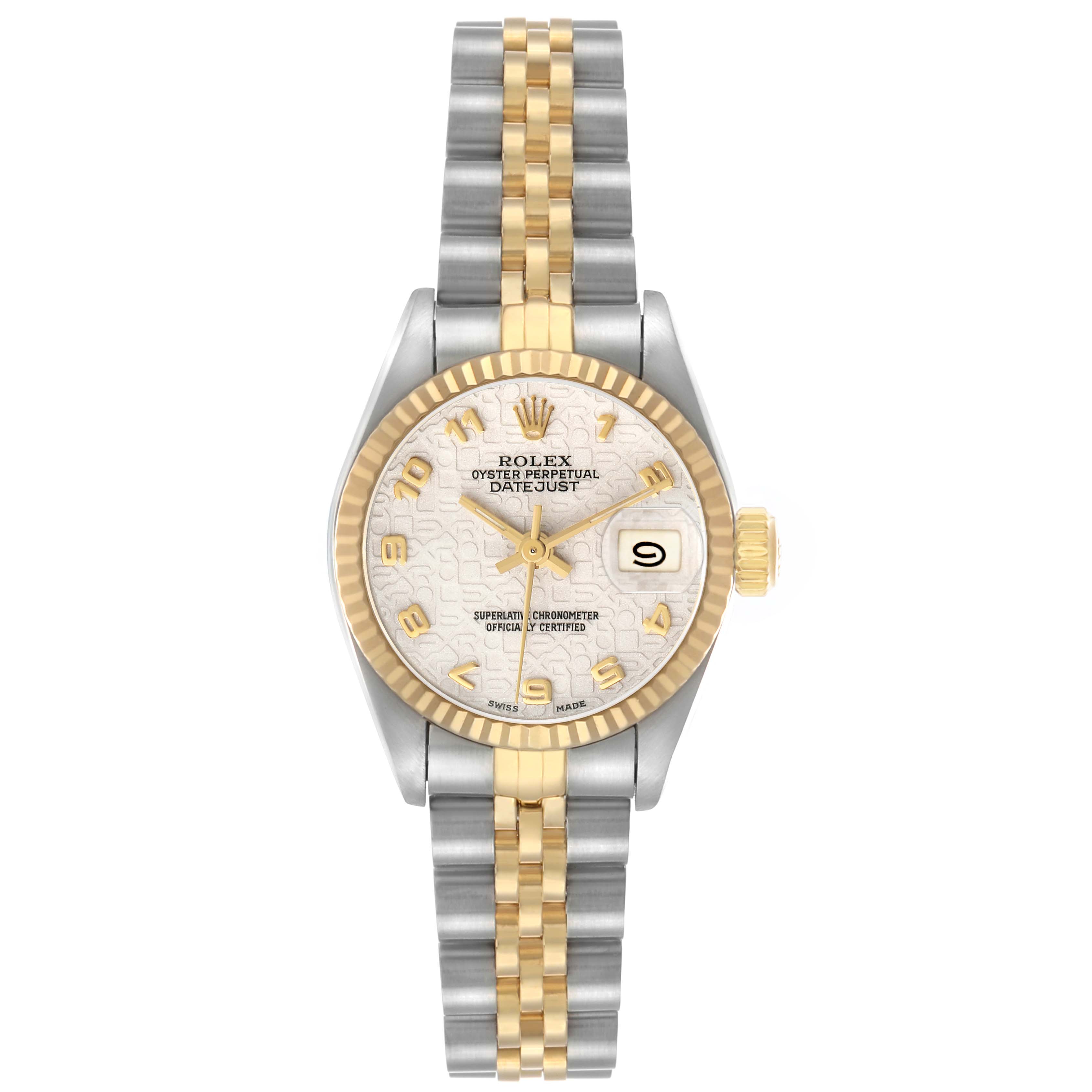 The Rolex Datejust 69173 Women's Steel and Gold (two tone) White Dial watch is shown from a top-down angle, highlighting the dial, bezel, crown, and two-tone bracelet.