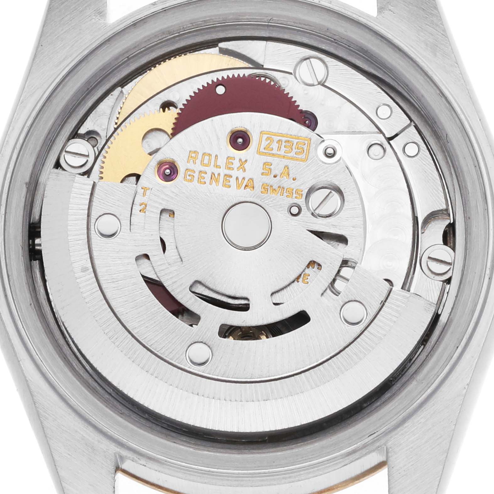 The image shows the back view of a Rolex Datejust 69173 Women's Steel and Gold (two tone) White Dial, revealing the movement and internal components.