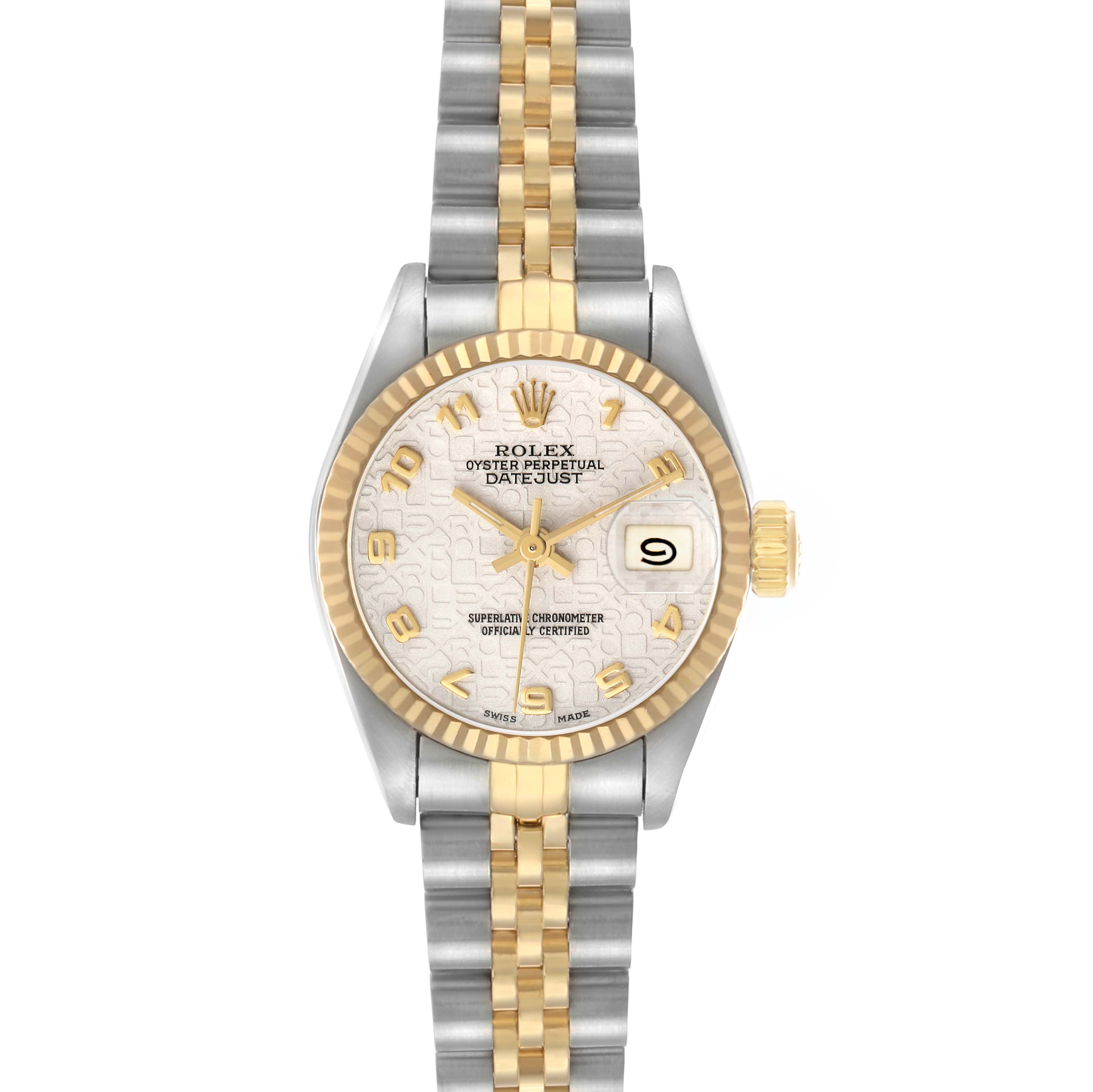 The Rolex Datejust 69173 Women's Steel and Gold (two tone) White Dial watch is shown from a top-down angle, displaying its dial, bezel, and bracelet.