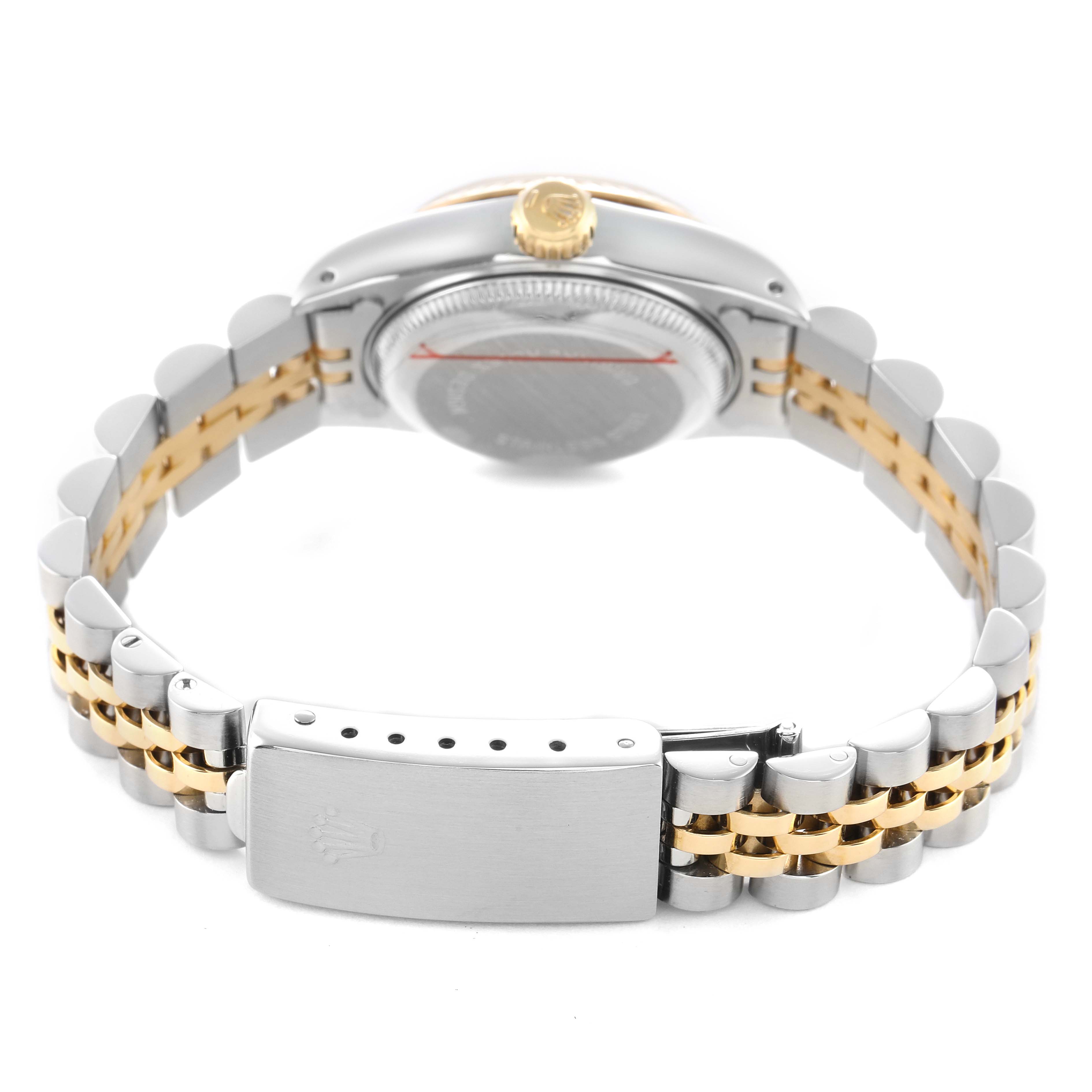 The image shows the back view of a Rolex Datejust 69173 Women's Steel and Gold (two tone) White Dial, highlighting the bracelet and clasp.