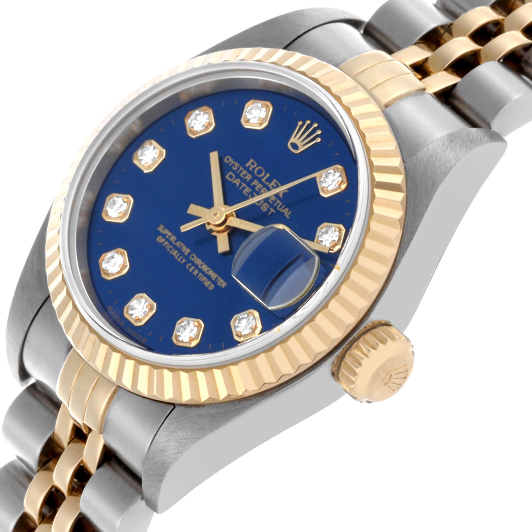 The Rolex Datejust 79173 Women's Steel and Gold (two tone) Blue Dial 79173 Women's Steel and Gold (two tone) Blue Dial watch is shown at a tilted angle, highlighting the blue dial, crown, and two-tone bracelet.