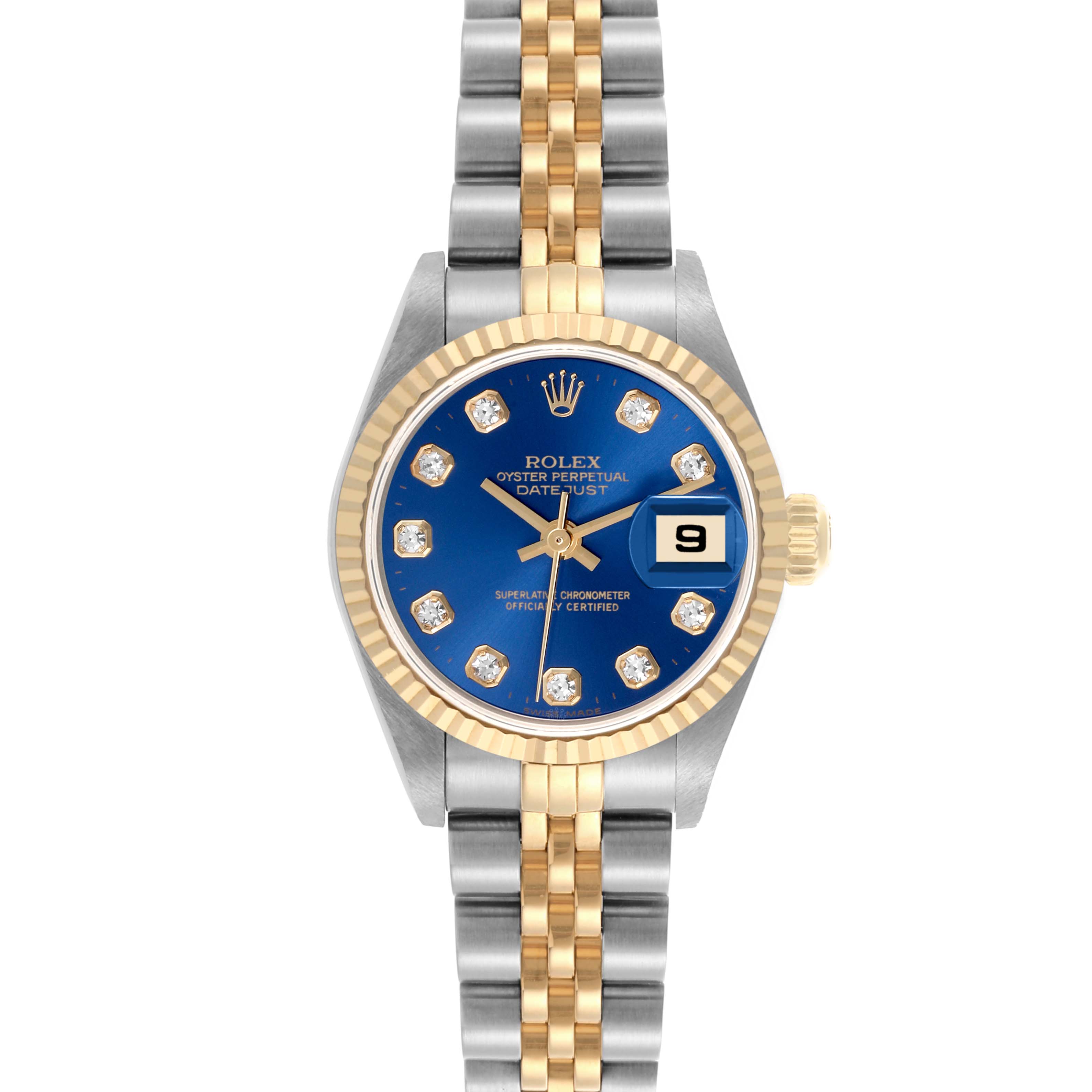 The Rolex Datejust 79173 Women's Steel and Gold (two tone) Blue Dial 79173 Women's Steel and Gold (two tone) Blue Dial watch is shown from the front, displaying the dial, date window, bezel, and two-tone bracelet.