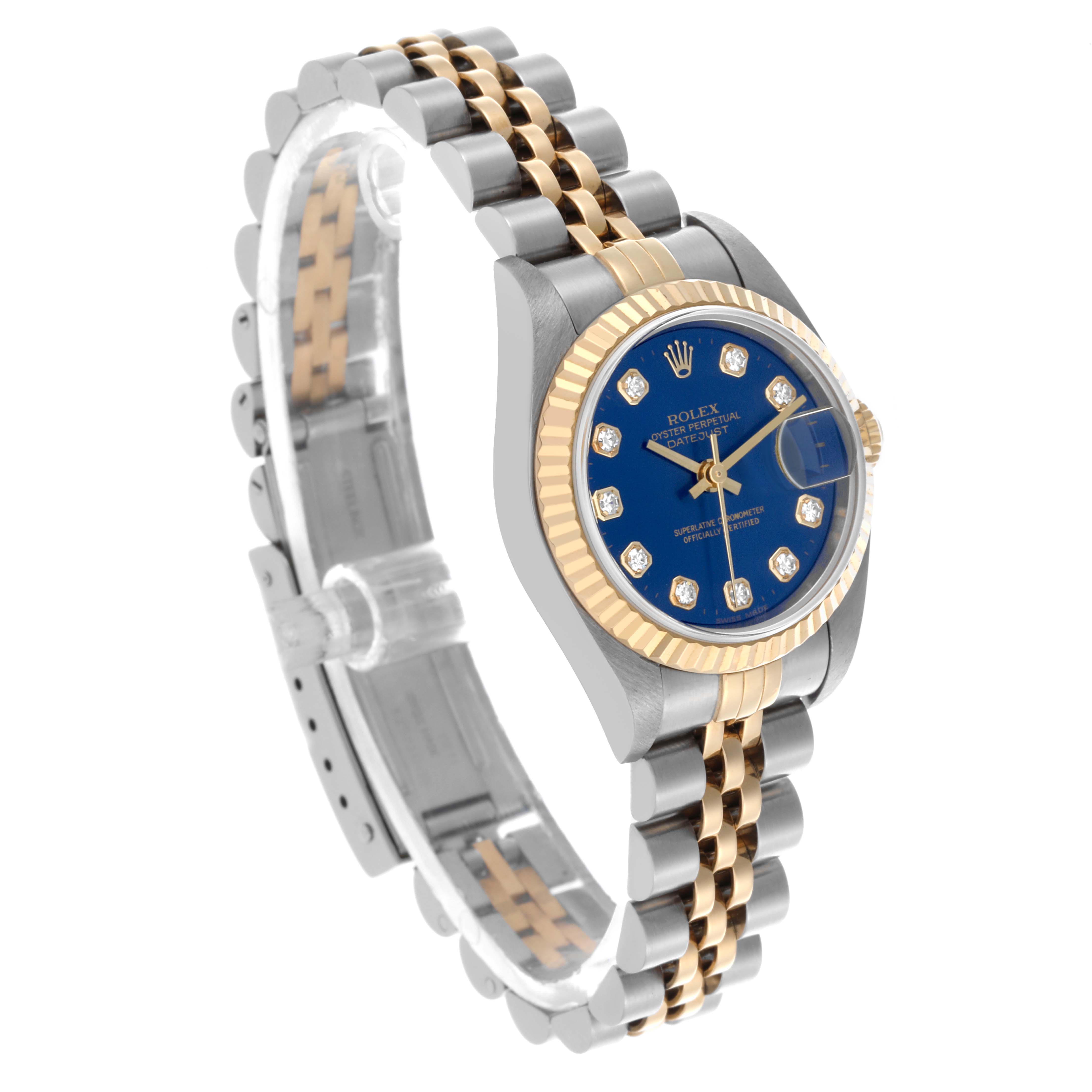 The image shows the Rolex Datejust 79173 Women's Steel and Gold (two tone) Blue Dial 79173 Women's Steel and Gold (two tone) Blue Dial watch at a 3/4 angle, highlighting the face, bezel, and two-tone bracelet.