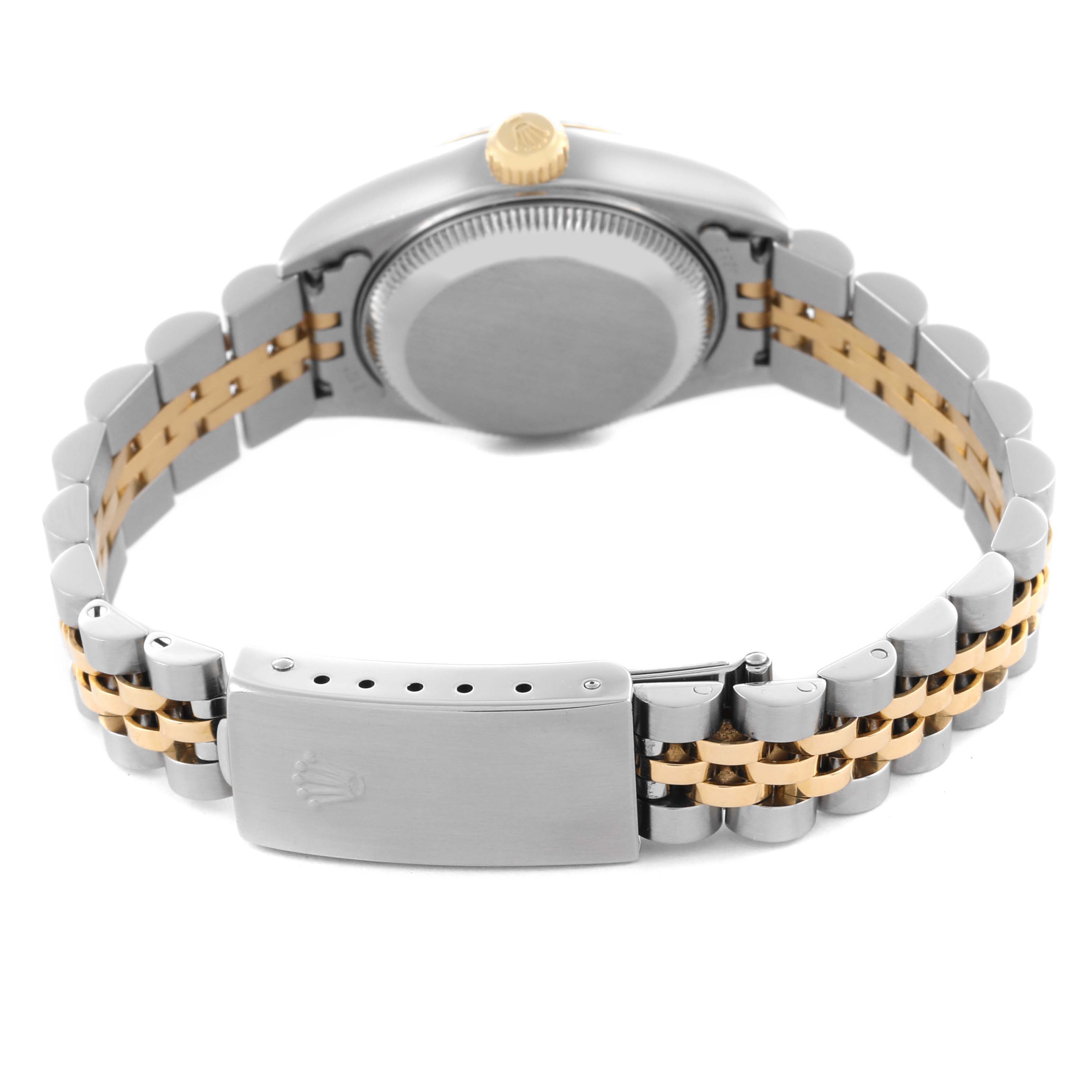 The image shows the back view of a Rolex Datejust 79173 Women's Steel and Gold (two tone) Blue Dial 79173 Women's Steel and Gold (two tone) Blue Dial watch, highlighting the case back, crown, and two-tone bracelet with clasp.