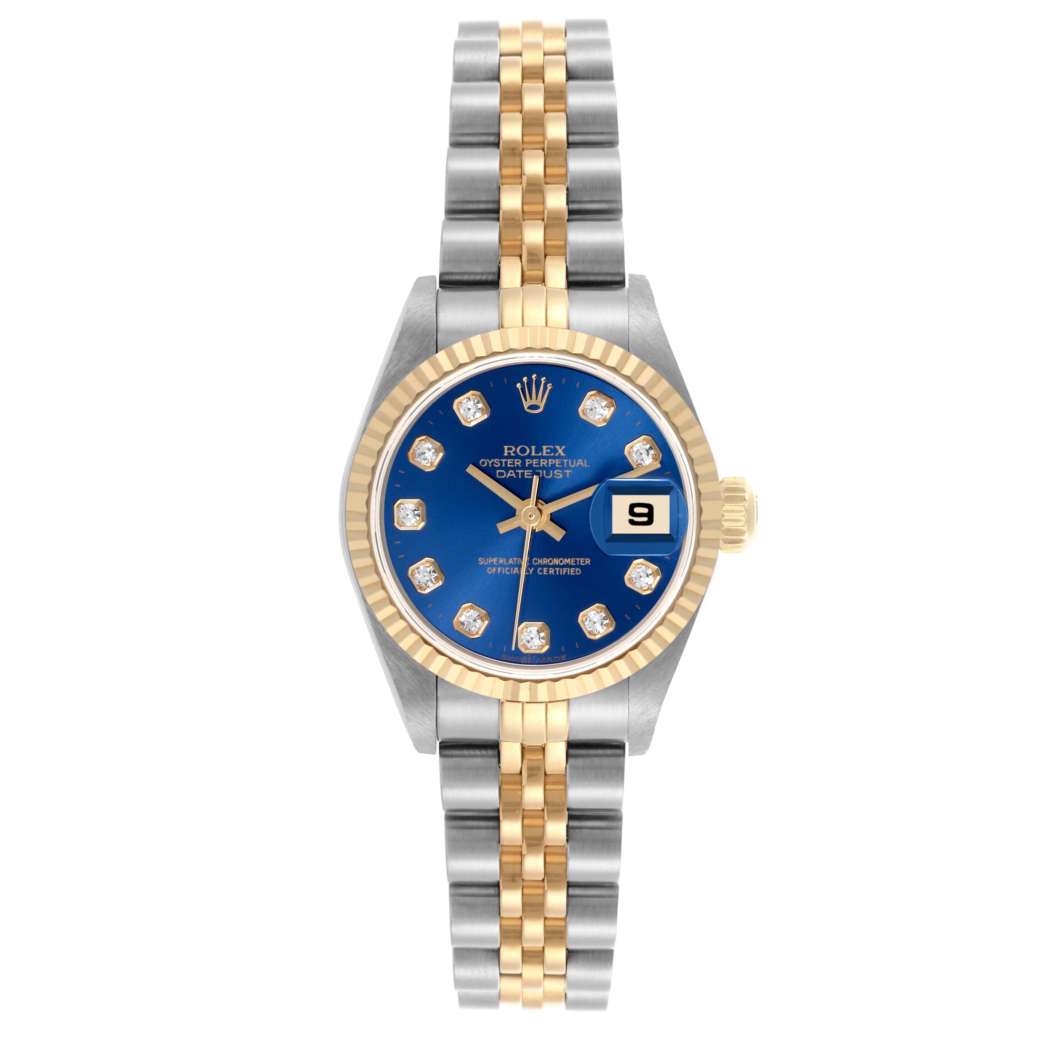 The Rolex Datejust 79173 Women's Steel and Gold (two tone) Blue Dial 79173 Women's Steel and Gold (two tone) Blue Dial watch is shown from the front, displaying the face, bezel, dial, and bracelet.