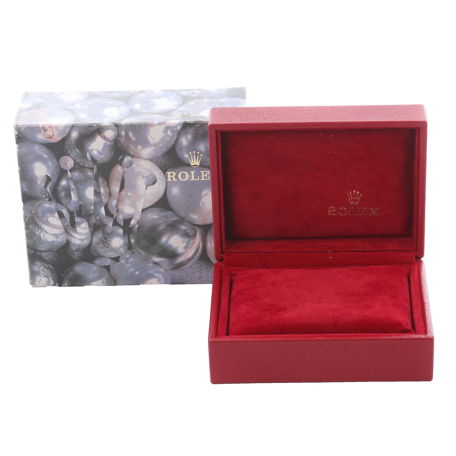 The image shows a closed red watch box and an outer box for a Rolex Datejust 79173 Women's Steel and Gold (two tone) Blue Dial 79173 Women's Steel and Gold (two tone) Blue Dial.