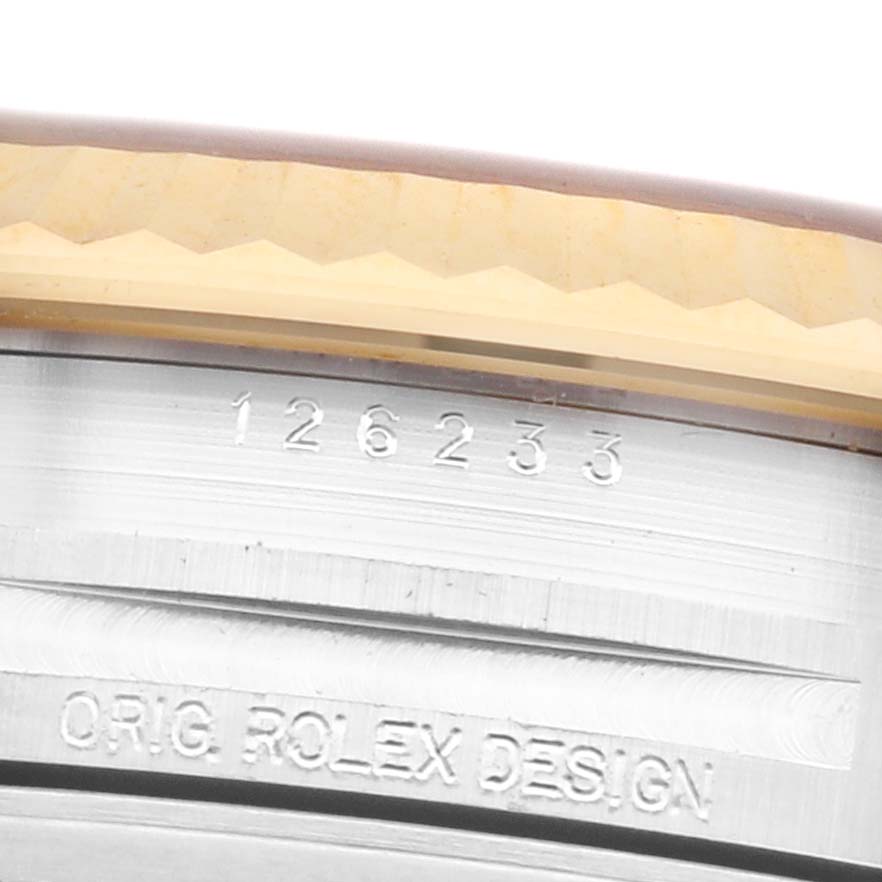 The image shows a close-up of the Rolex Datejust 126233 Men's Steel and Gold (two tone) Champagne Dial model's case side, displaying the model number and "Orig Rolex Design" engraving.