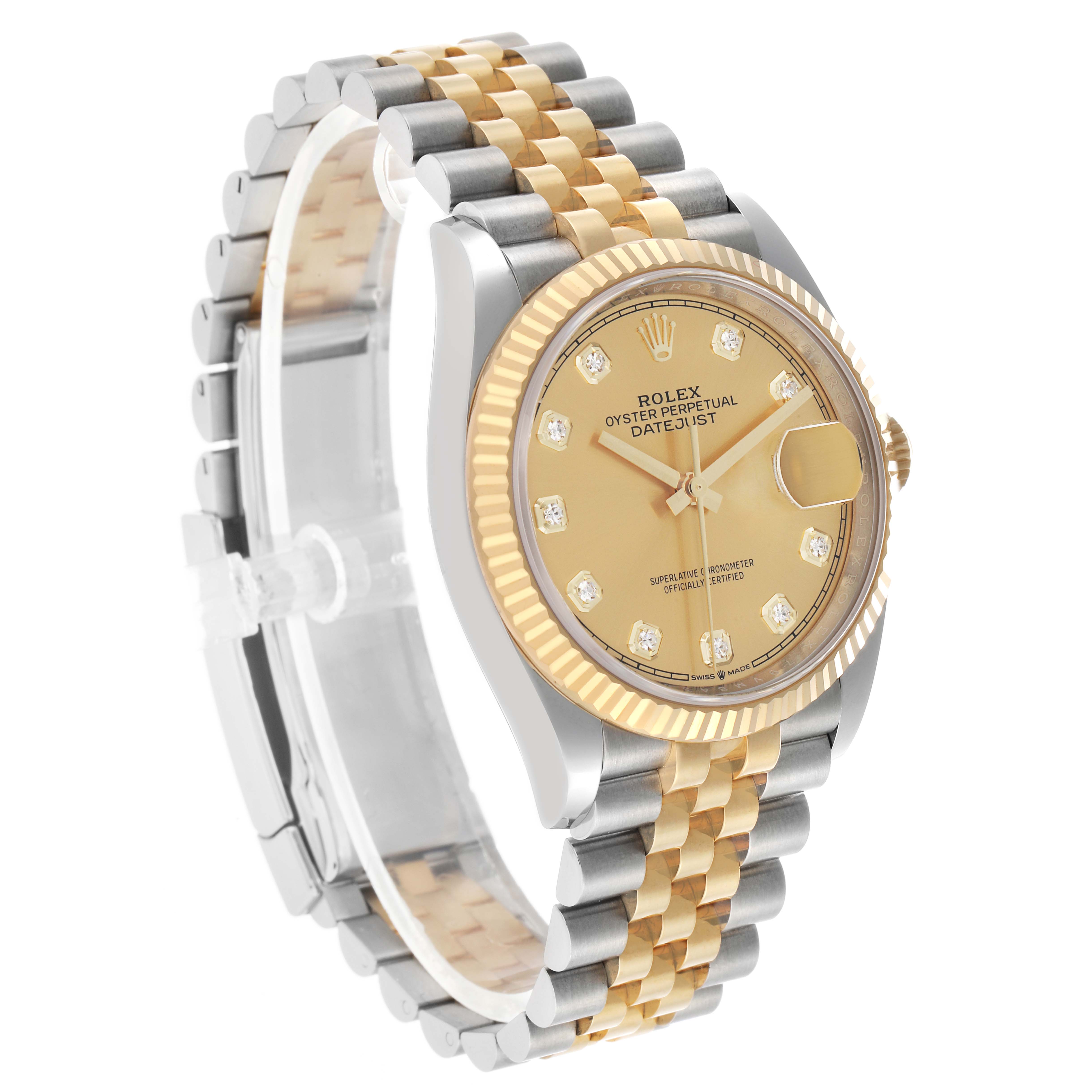 The Rolex Datejust 126233 Men's Steel and Gold (two tone) Champagne Dial is shown at a three-quarter angle, highlighting the gold dial, fluted bezel, and two-tone Jubilee bracelet.
