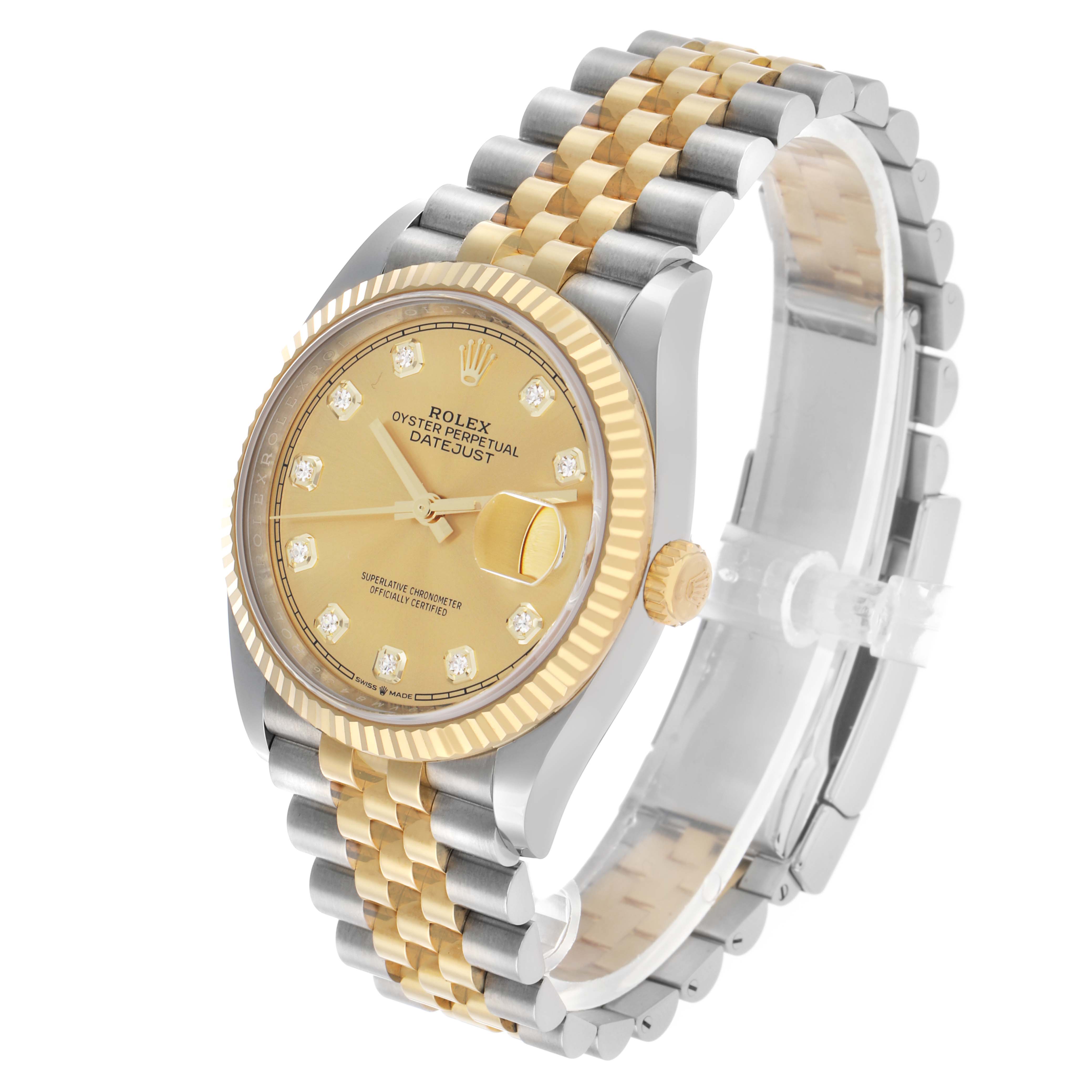 The Rolex Datejust 126233 Men's Steel and Gold (two tone) Champagne Dial watch is shown at an angled side view, displaying the face, bezel, crown, and bracelet.