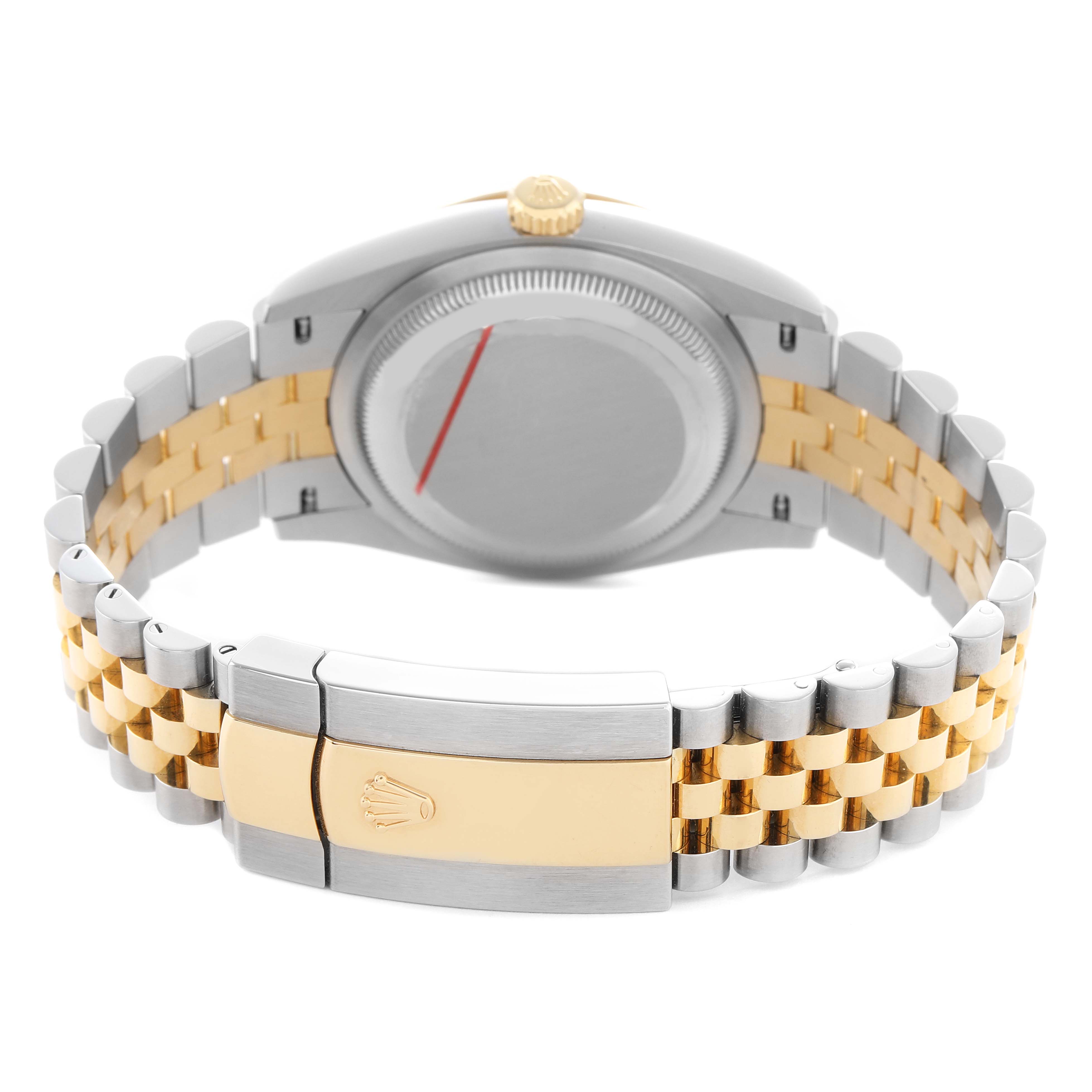The image shows the back of a Rolex Datejust 126233 Men's Steel and Gold (two tone) Champagne Dial, highlighting the clasp, bracelet, and case back.